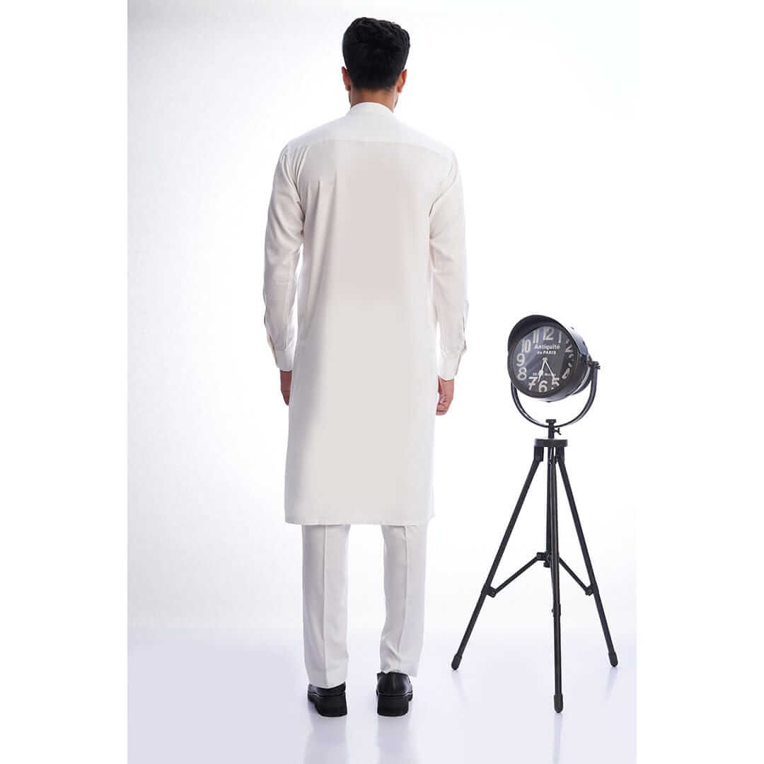 Elegant Ivory IronEz Fabric White Kurta & Drawstring Pants Set for Men - Comfortable Traditional Indian Ethnic Wear - Perfect for Eid, Weddings & Festive Occasions