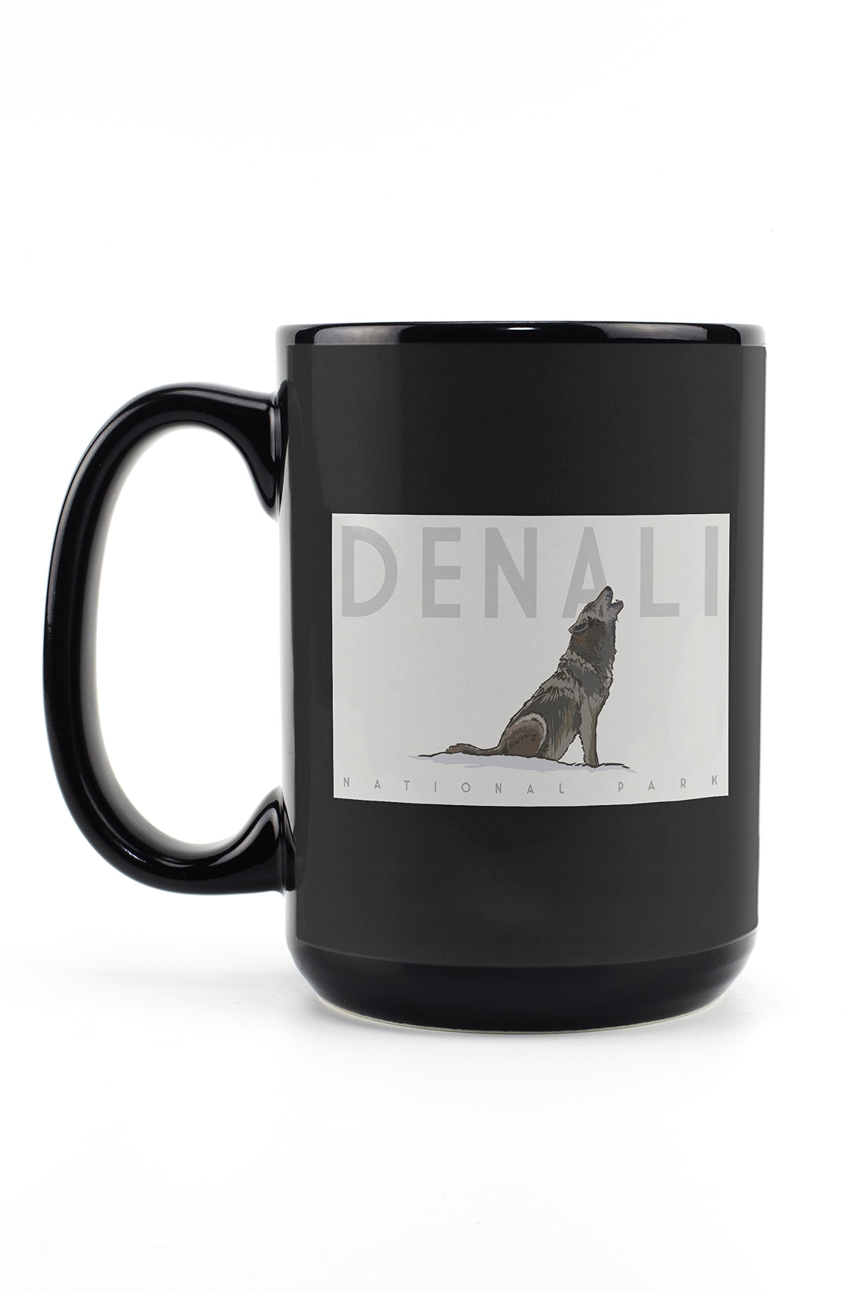 Lantern Press Denali National Park Alaska Wolf Grey 15oz Black Ceramic Coffee Mug - Microwave & Dishwasher Safe - Perfect for Home, Office & Camping Use