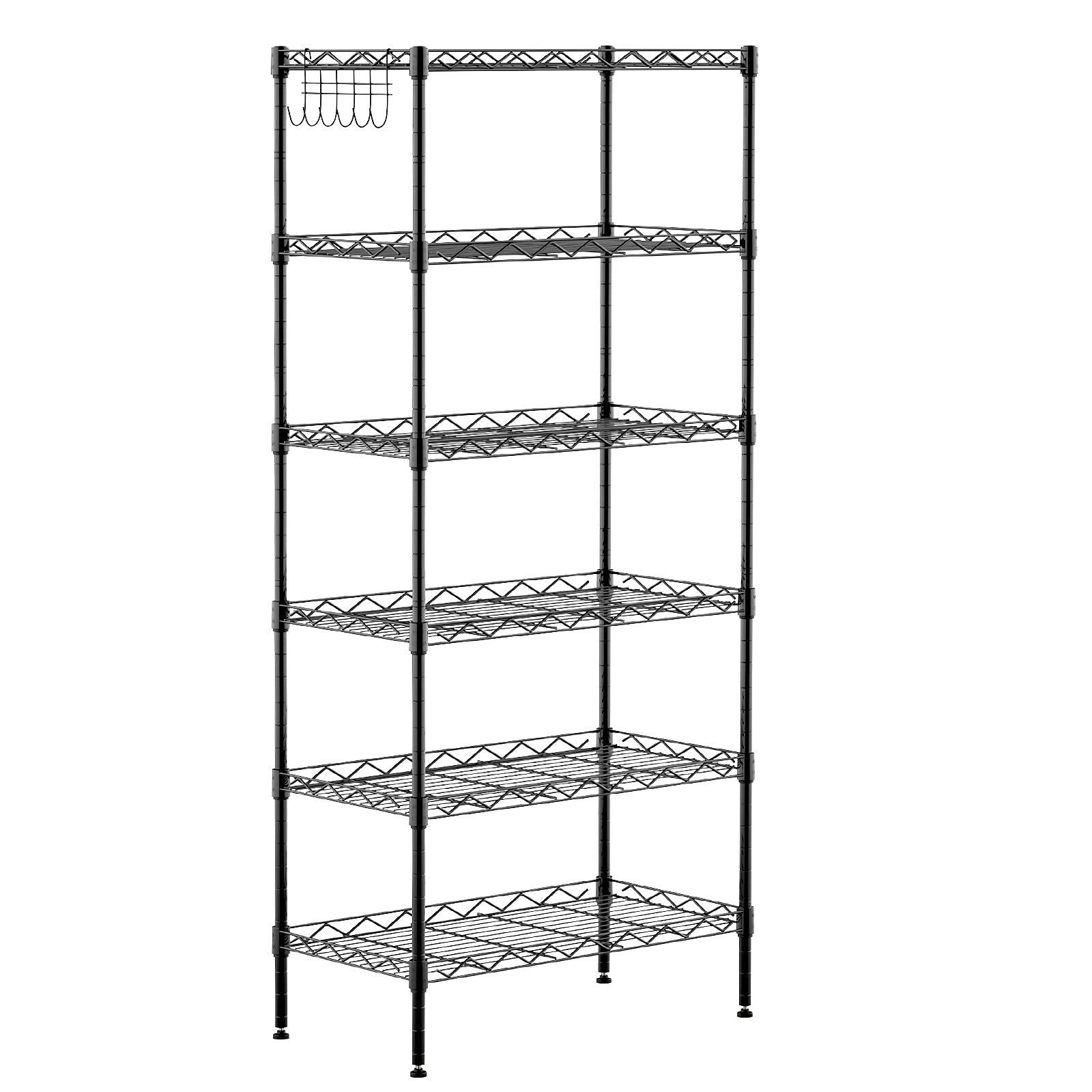 6-Shelf Heavy Duty Metal Storage Rack with Leveling Feet - 750Lbs Capacity Wire Shelving Unit for Bathroom, Kitchen, Garage Organization - Black Steel Utility Shelf with Stainless Side Hooks - Perfect for Pantry Storage, Laundry Room, Closet & Workshop Organization