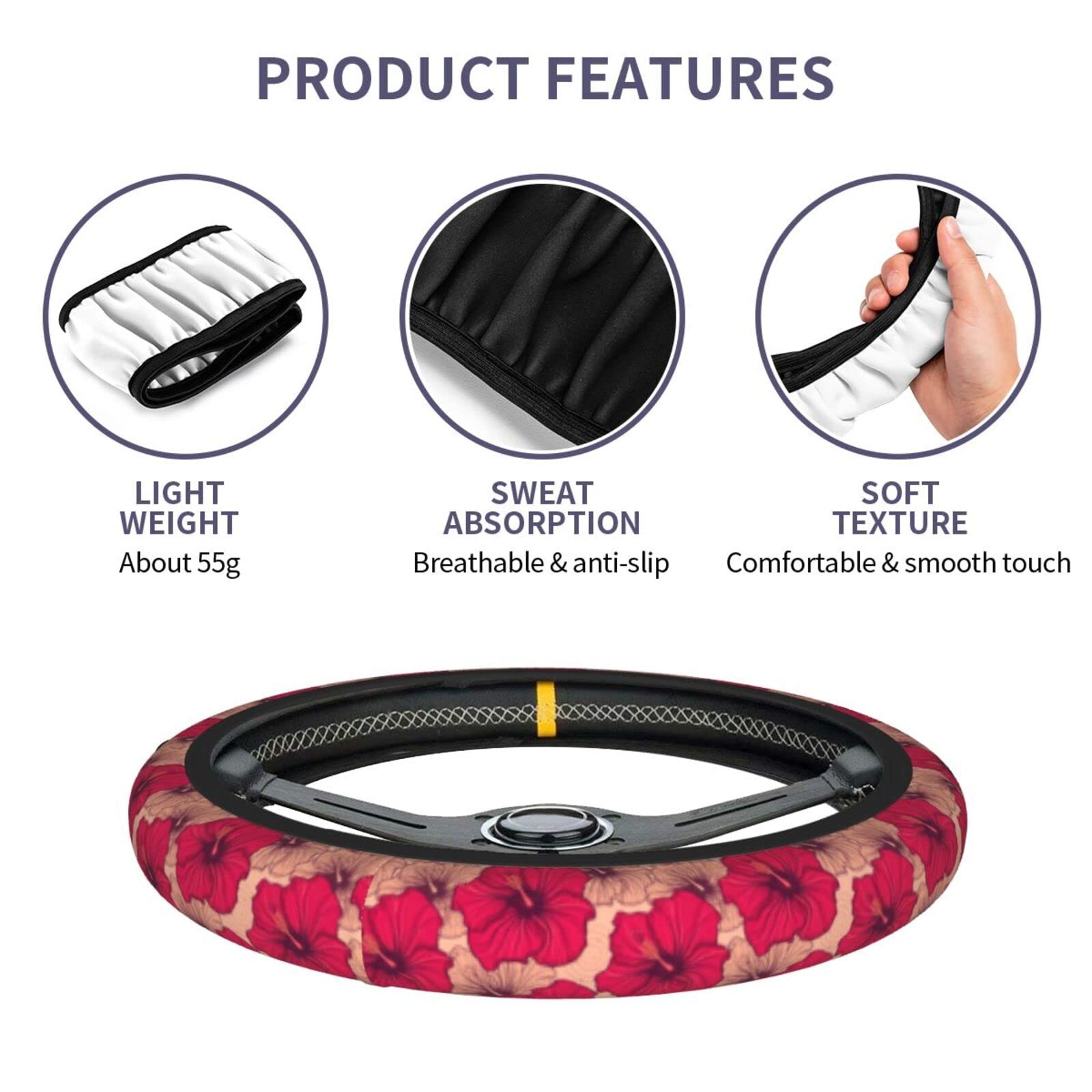Universal 15 Inch Red Hibiscus Flowers Steering Wheel Cover - Hawaiian Tropical Flower Print Neoprene Car Wheel Protector - Cute Car Accessories for Women - Perfect for Summer Road Trips & Beach Vacations