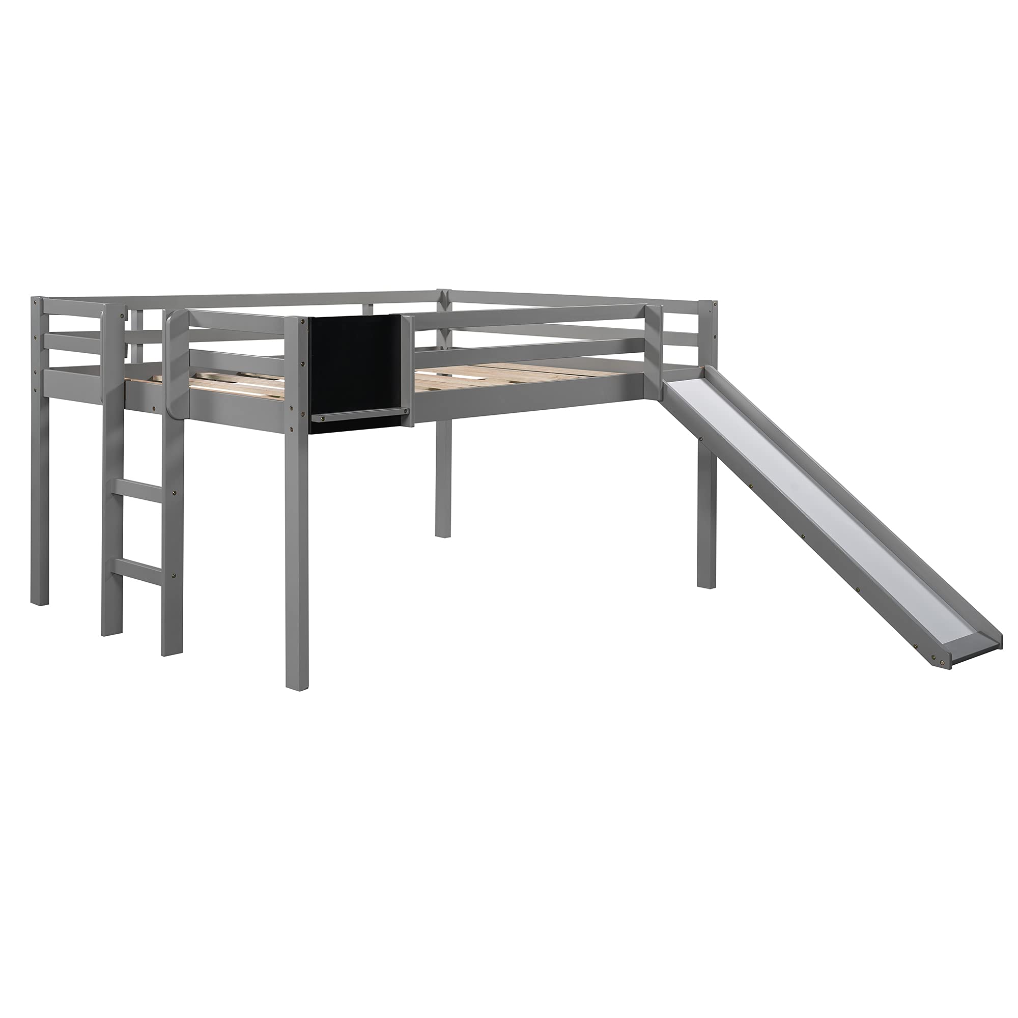 Harper & Bright Designs Full Loft Bed with Slide - Wooden Low Loft Bed for Kids with Chalkboard, Ladder & Safety Guardrail - Space-Saving Bed Frame for Small Bedrooms, Playrooms & Guest Rooms (Full Size, Grey)