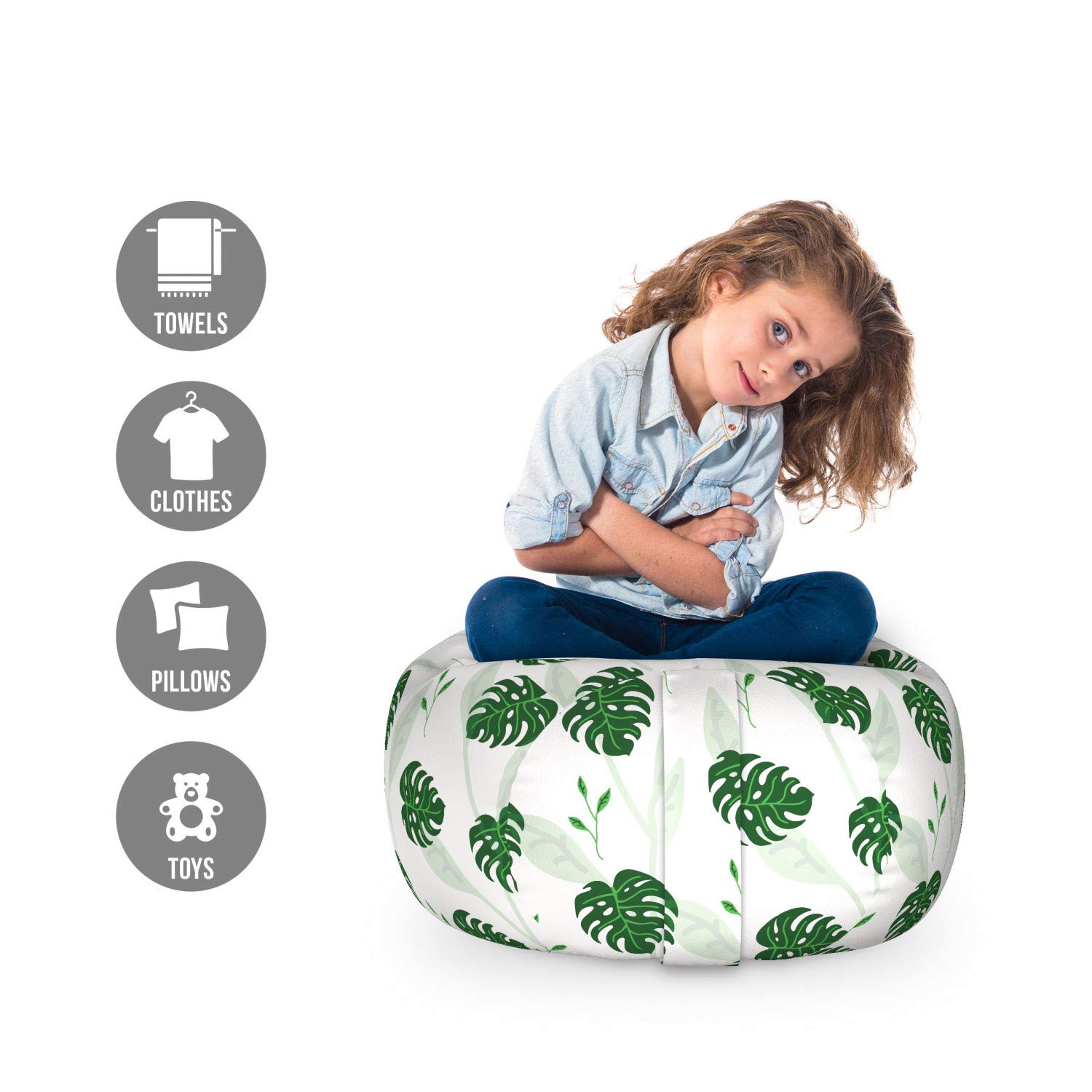 Ambesonne Philodendron Storage Toy Bag Chair - Tropical Jungle Foliage Pattern, Stuffed Animal Organizer & Washable Storage Bag, Small Size in Emerald Fern Green - Perfect for Kids' Room, Nursery & Playroom Organization