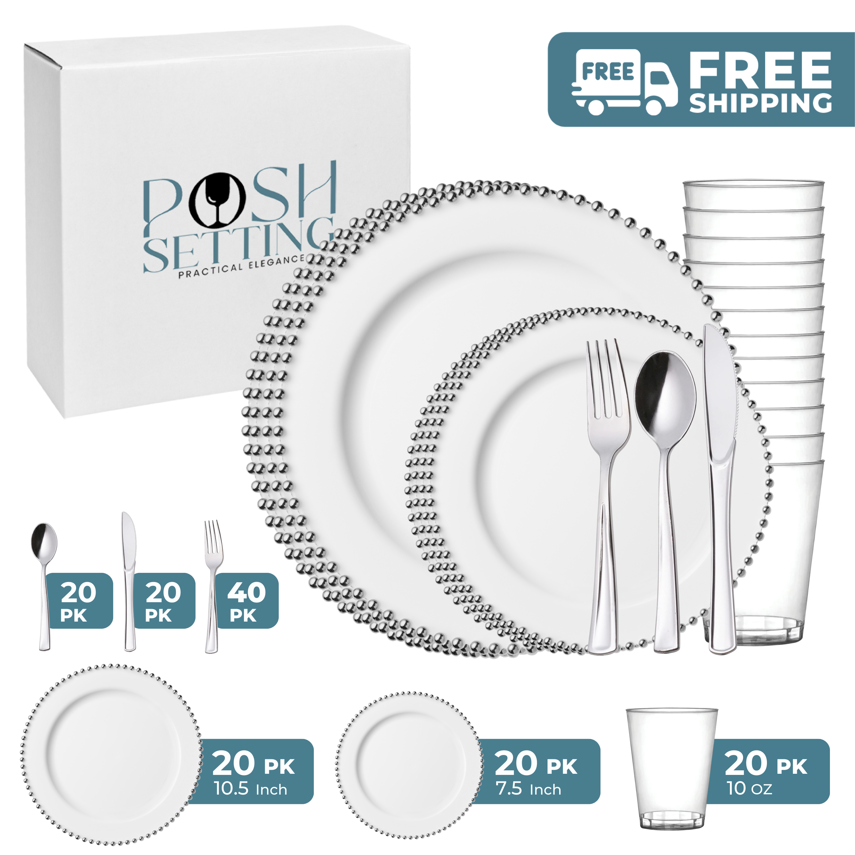 White and Silver Plastic Party Bundle with Beaded Decorations - Perfect for Birthday, Wedding, and Holiday Celebrations
