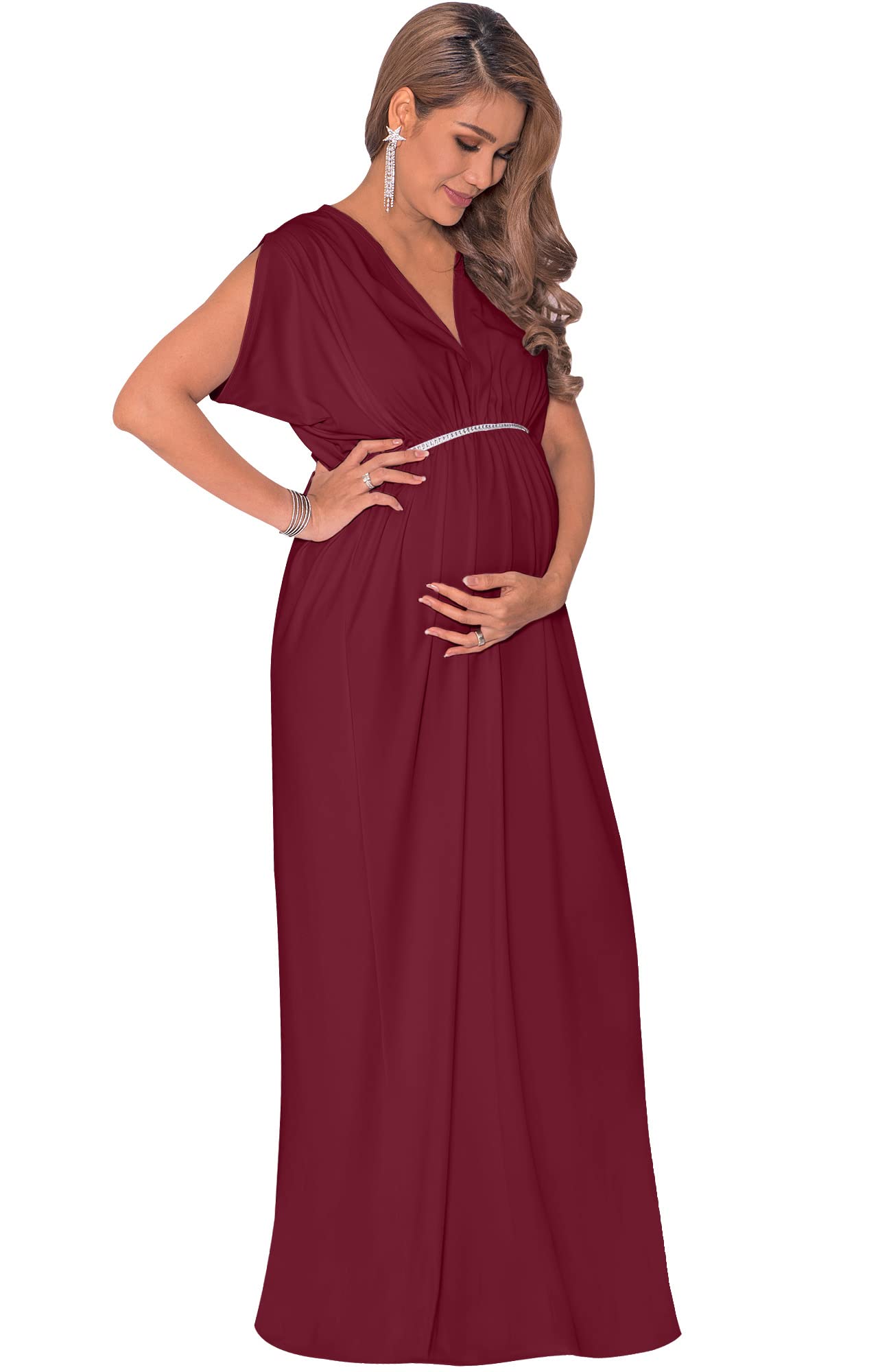 KOH KOH Women's Maternity Maxi Dress - Long & Short Sleeve V-Neck Flowy Summer Gown for Pregnancy | Perfect for Beach, Vacation & Maternity Photoshoots