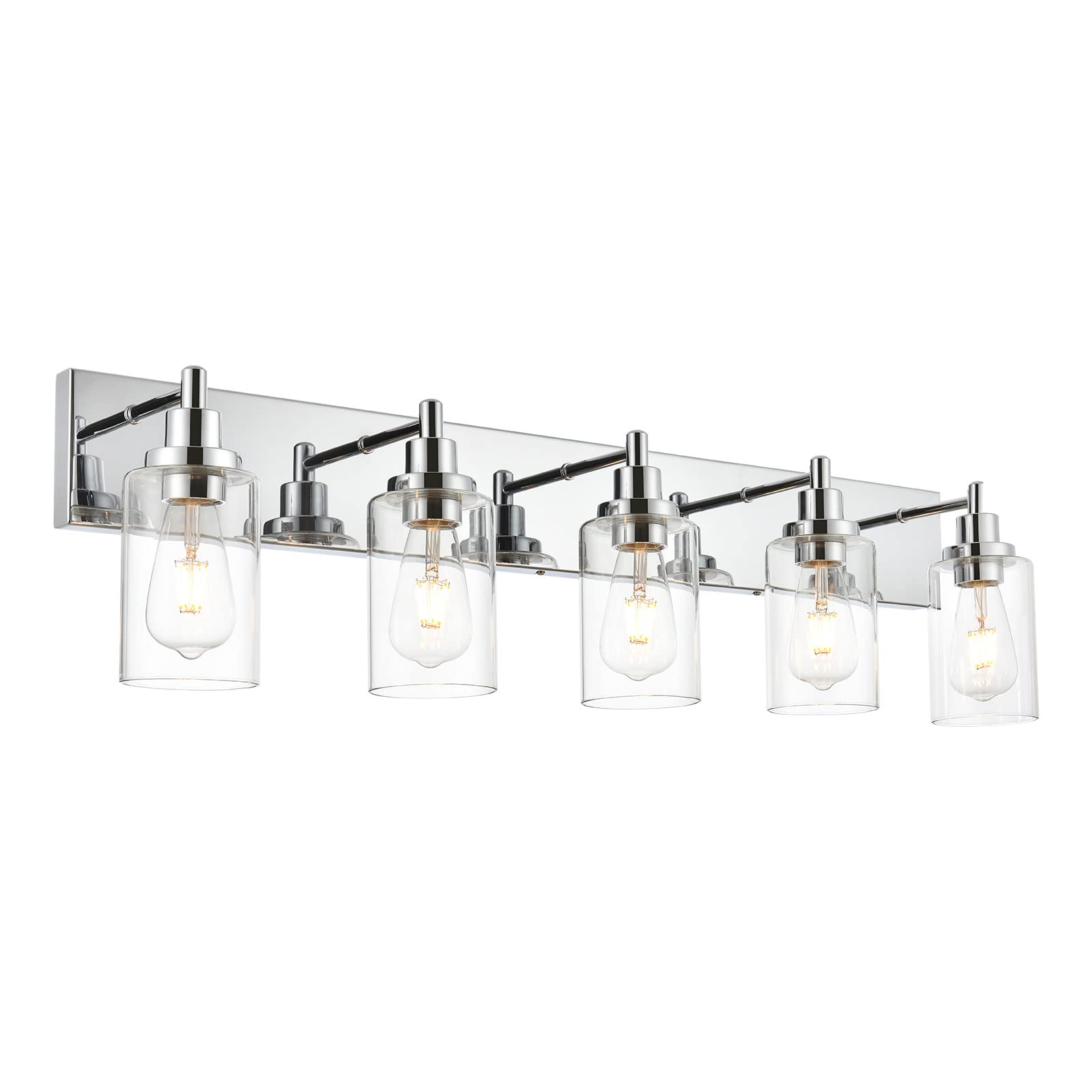 MELUCEE 5-Light Chrome Vanity Bathroom Mirror Light Fixture with Clear Glass Lampshade - Modern Wall Sconce for Bathroom, Kitchen, Porch & Workshop Lighting