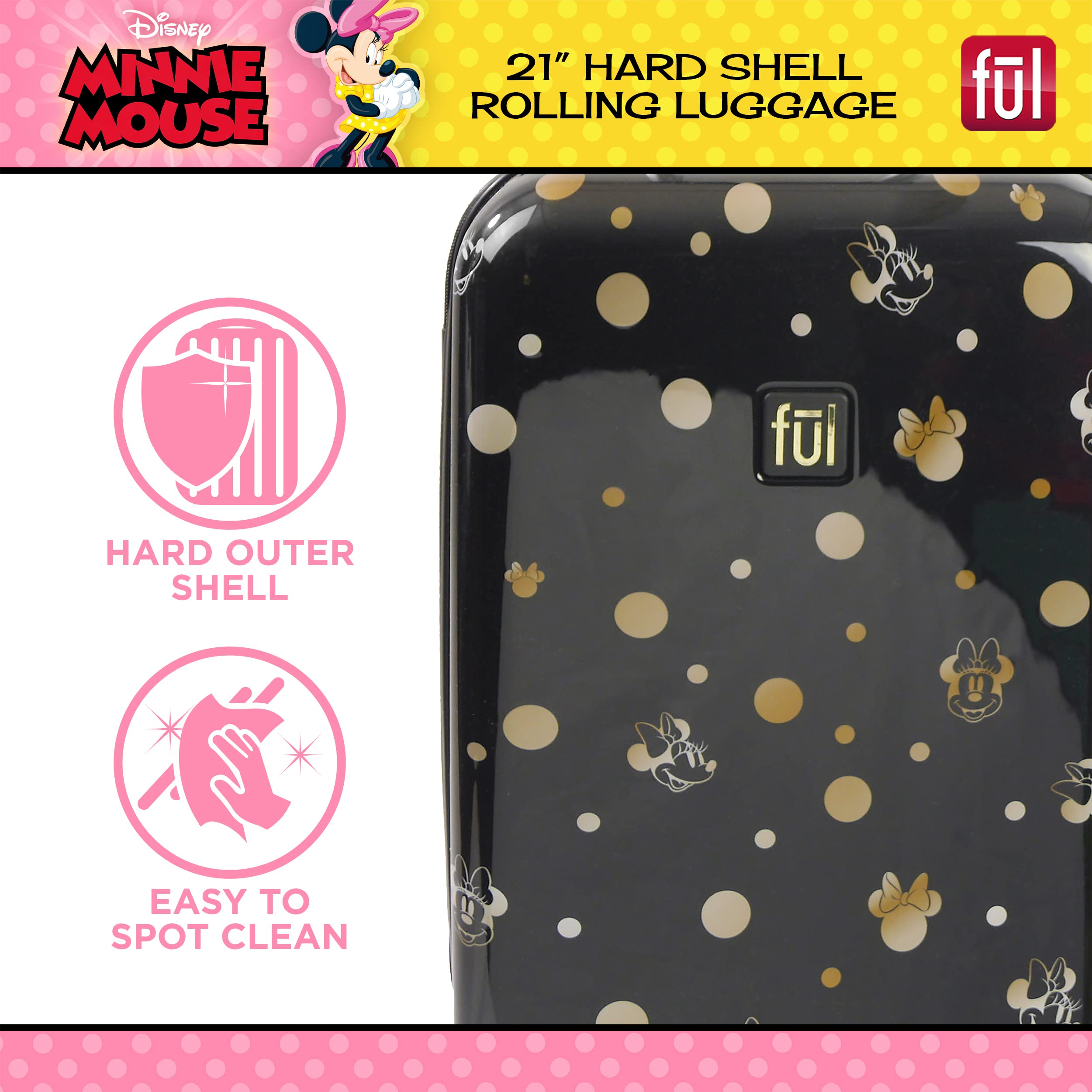 Disney Golden Minnie Mouse Hardshell Spinner Carry-On Luggage - Black Rolling Suitcase for Women & Kids, Perfect for Air Travel, Vacation & Business Trips