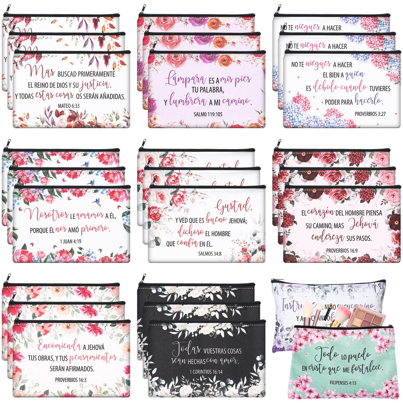Kacctyen 30 Pcs Spanish Bible Cosmetic Bags - Religious Gift for Women, Travel Makeup Pouch
