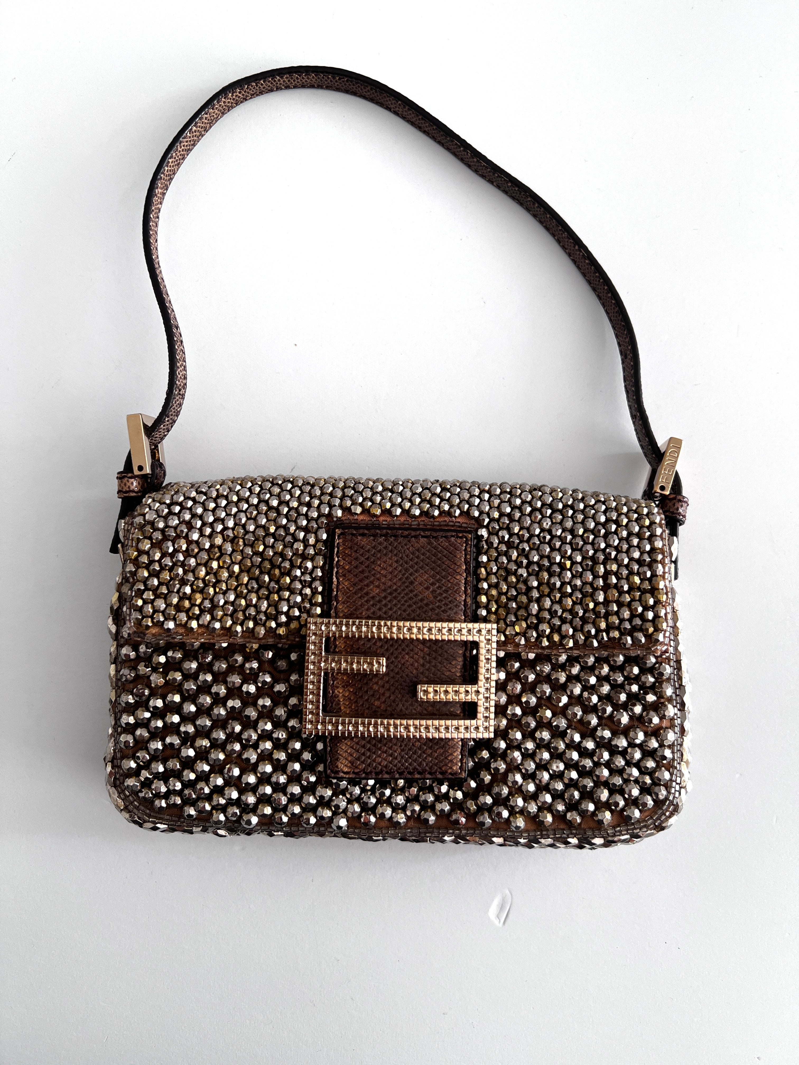 Fendi Silver Beaded Mini Baguette Bag - Luxury Crossbody Purse for Women | Perfect for Parties, Weddings & Evening Events