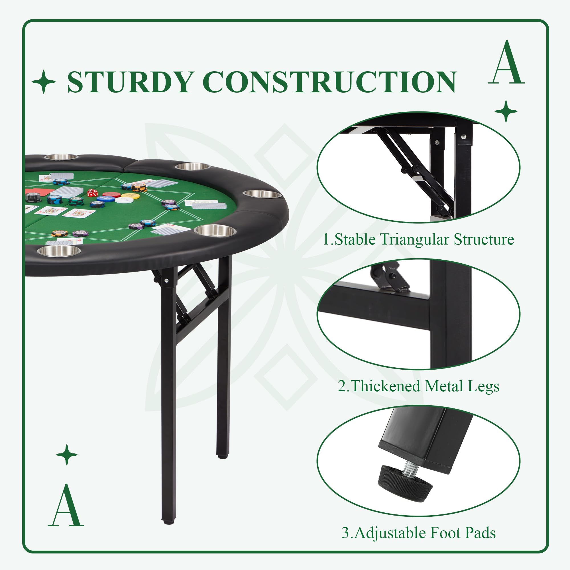 ECOTOUGE 8-Player Foldable Poker Table - Round Casino Style Texas Hold'em Table with Stainless Steel Cup Holders & Faux Leather Padded Rails - Portable Folding Card Game Table for Home, Parties and Casino Nights (Green)