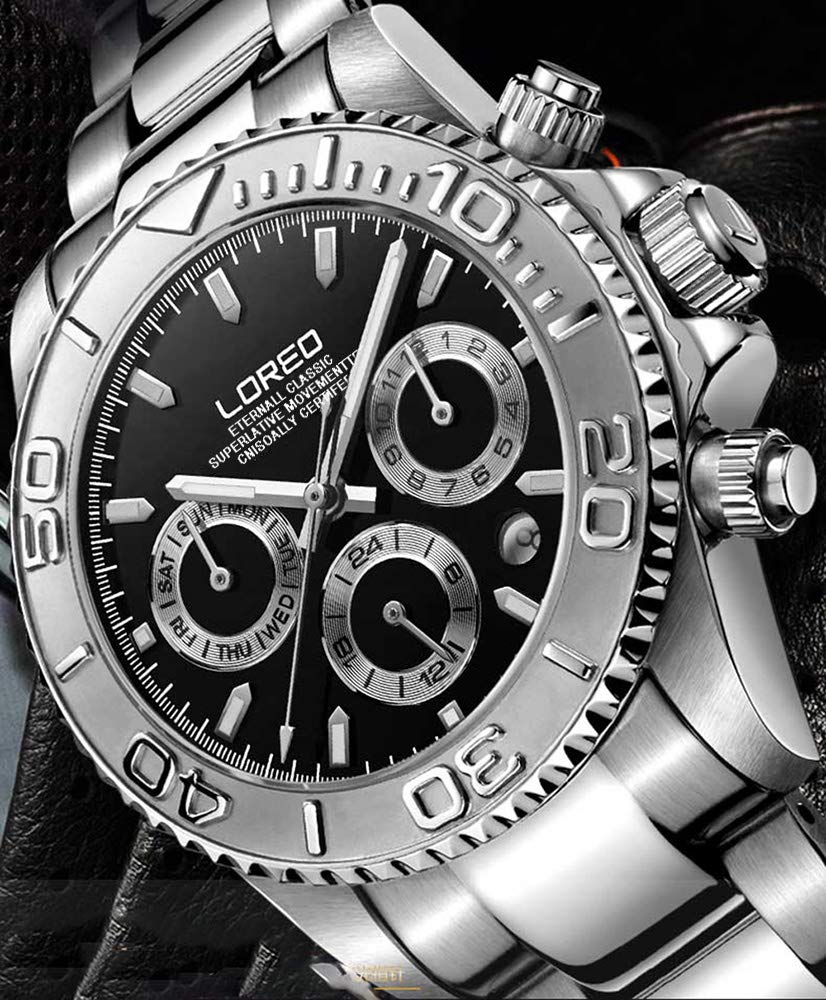 LOREO Men's Automatic Multifunction Stainless Steel Watch with Sapphire Glass - Waterproof, Silver & Black - Perfect for Business, Casual & Outdoor Activities