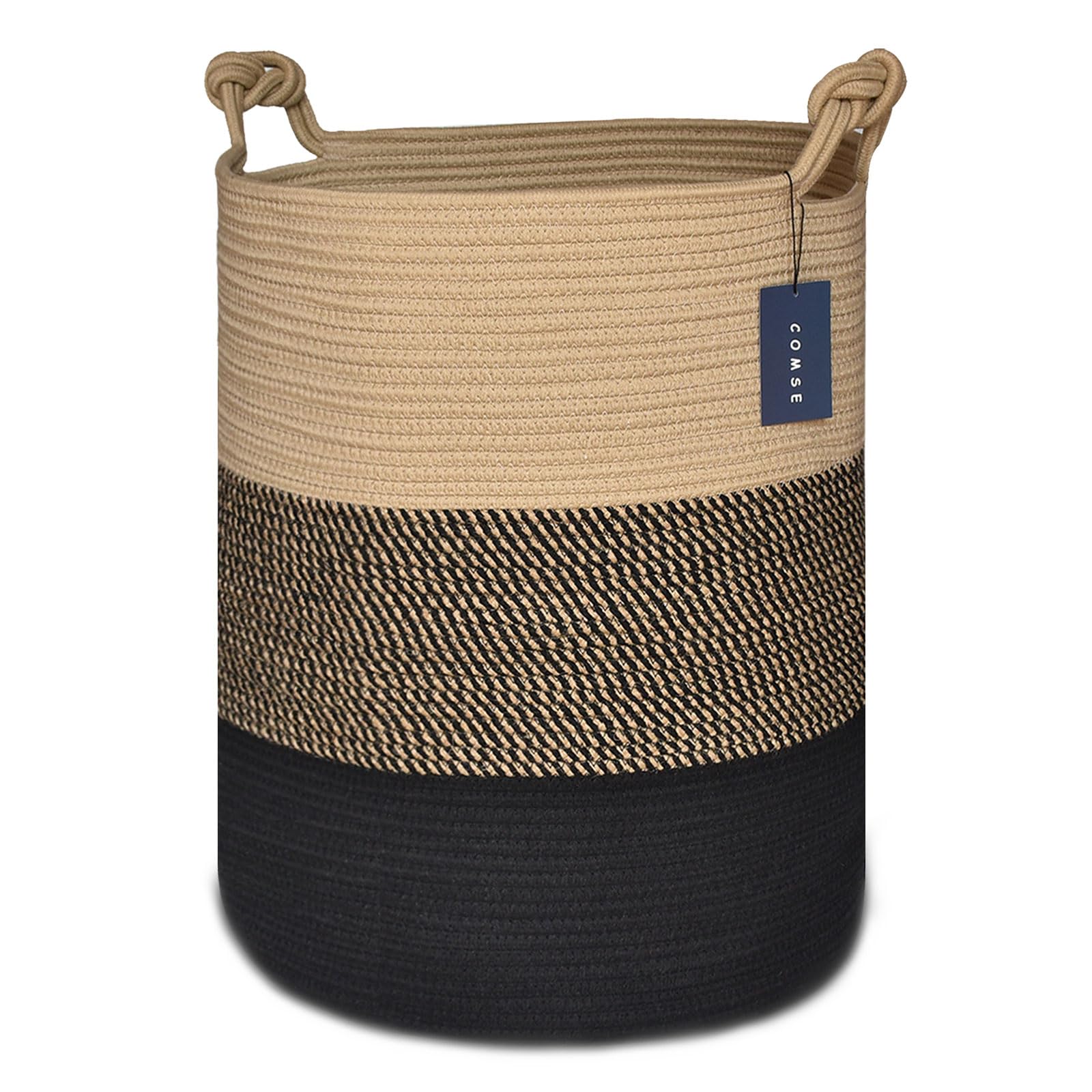 COMSE Extra Large Woven Storage Basket - 15.7”x 21.7” Cotton Rope Laundry Hamper for Nursery, Toys, Clothes & Towels (Brown/Black) | Perfect for Home Organization, Baby Room & Closet Storage