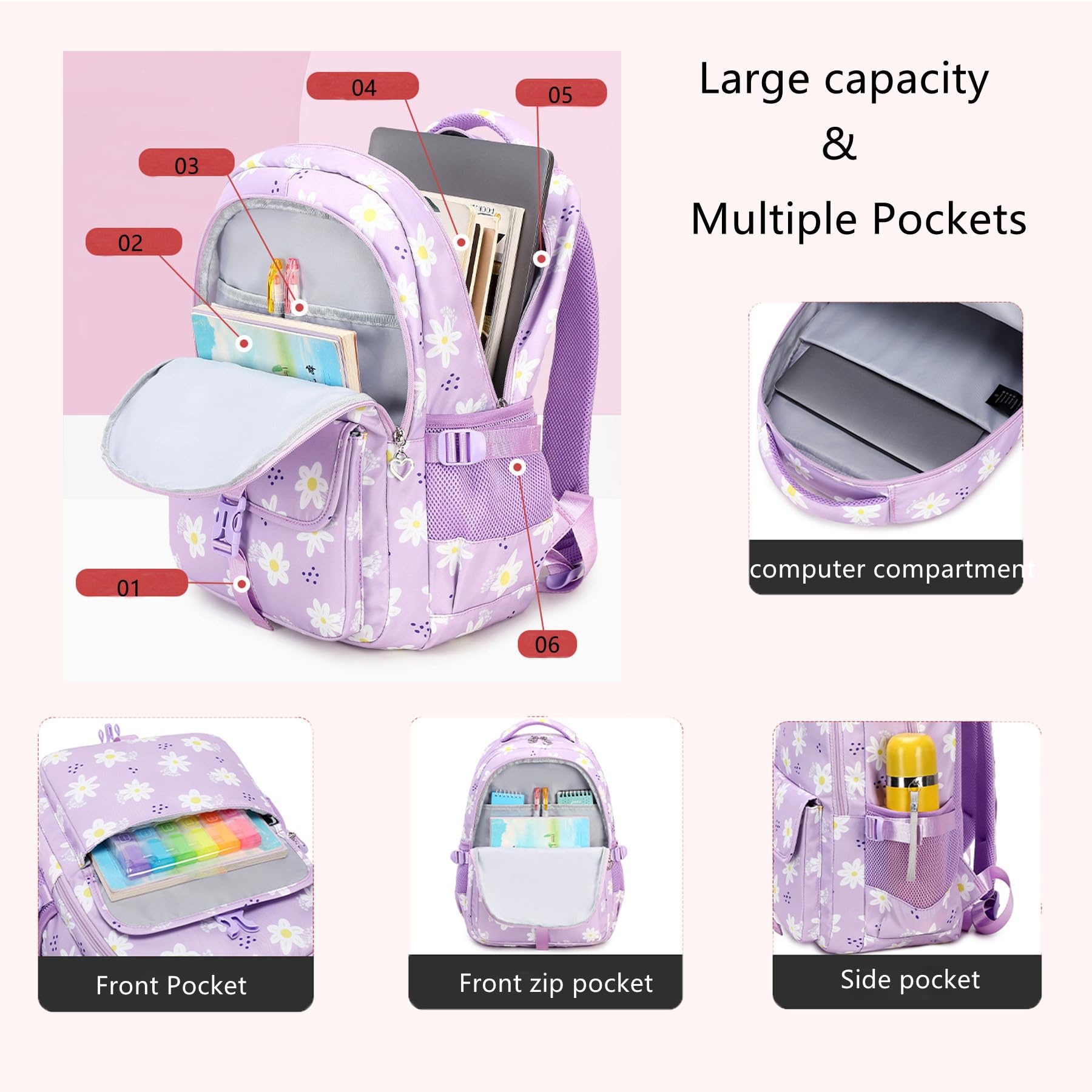 **Daisy Print Backpack for Girls - Large Purple School Backpack for Elementary Kids, Lightweight & Durable, Perfect for School, Travel & Daily Use**