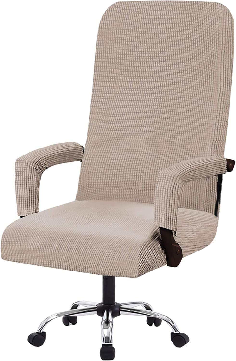 YYHSND Stretch Office Chair Cover - Universal Computer Chair Slipcover - High Back Contemporary Design - Thick Checked Jacquard Fabric with 2 Arm Covers (Sand, Medium) - Perfect for Home Office, Gaming Chair, and Workspace Decor