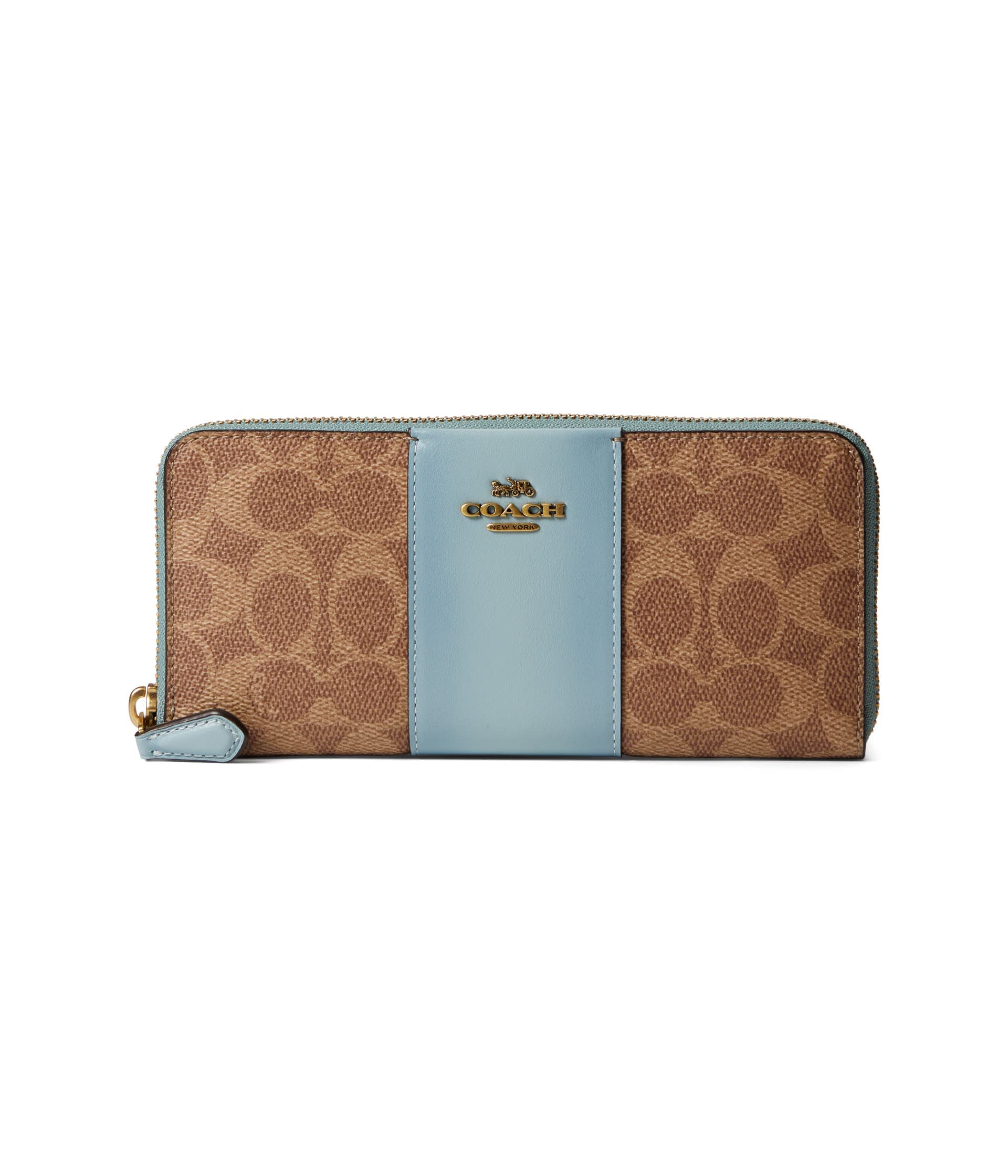 COACH Signature Slim Accordion Zip Wallet - Color Block Coated Canvas in Tan & Aqua | Compact RFID Blocking Wallet for Women | Perfect for Everyday Use & Travel Essentials