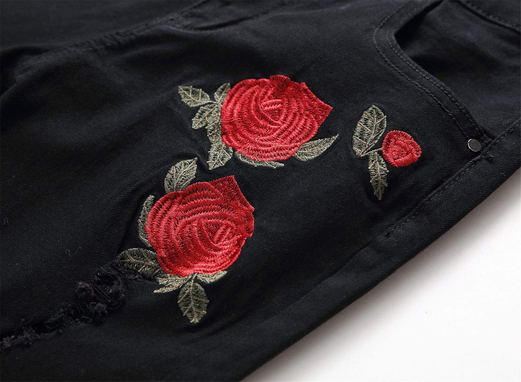 Men's Skinny Fit Floral Embroidered Ripped Distressed Jeans - Stretch Denim Pants with Rose Design (Size 28, Black) | Perfect for Casual Outings, Streetwear & Fashionable Looks