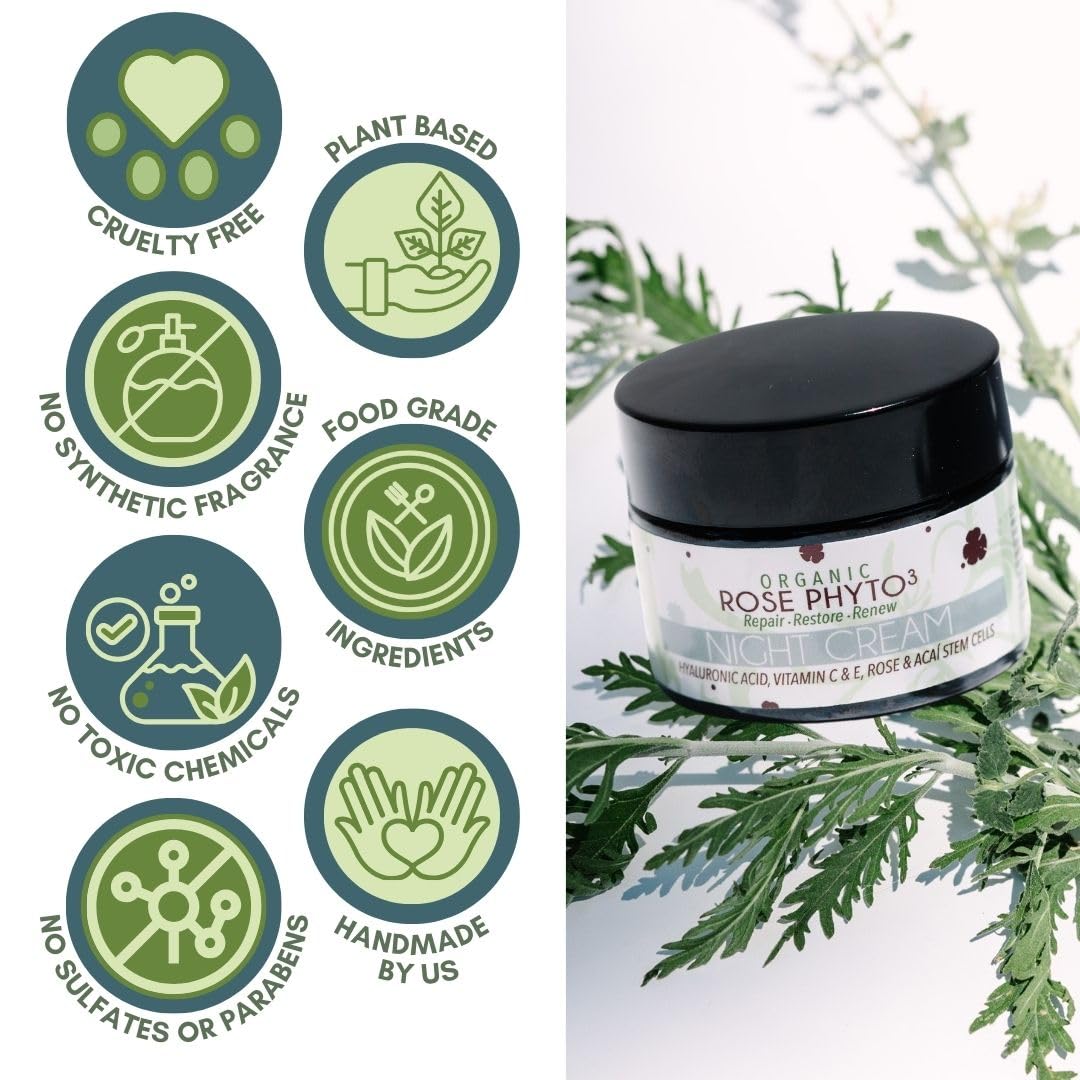 Organic Rose Phyto³ Night Cream with Hyaluronic Acid - Anti-Aging Face Moisturizer for Women - Wrinkle Cream with Rose Water, Vitamin C & E, and Acaí Stem Cells (2 fl. Oz) | Hydrating Night Treatment for Dry Skin, Perfect for Evening Skincare Routine & Anti-Wrinkle Care