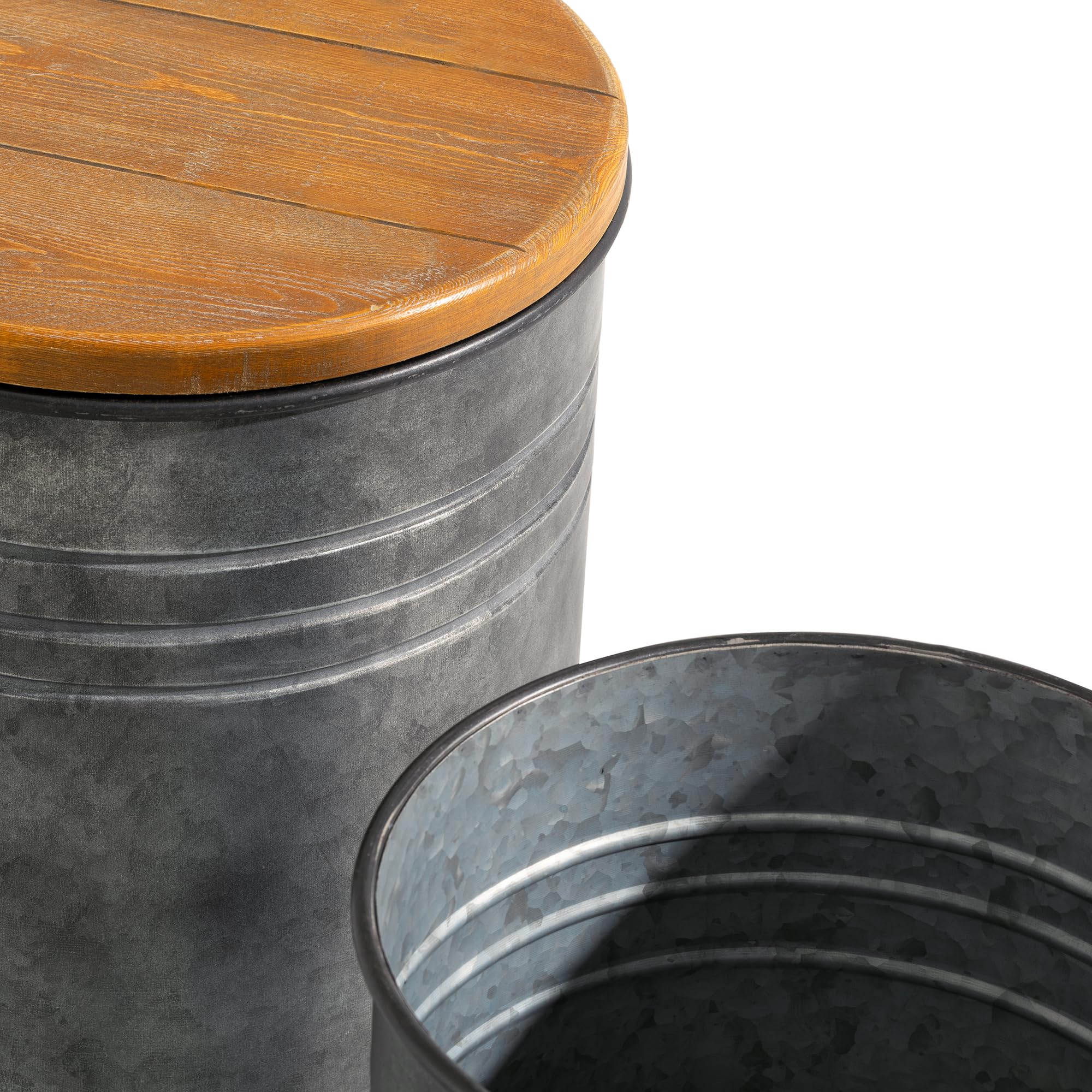 Glitzhome 2-Piece Farmhouse Nesting Tables with Storage Lids - Rustic Metal Barrel Side Tables for Living Room, Bedroom, Office - Grey | Space-Saving End Tables for Small Spaces & Home Decor