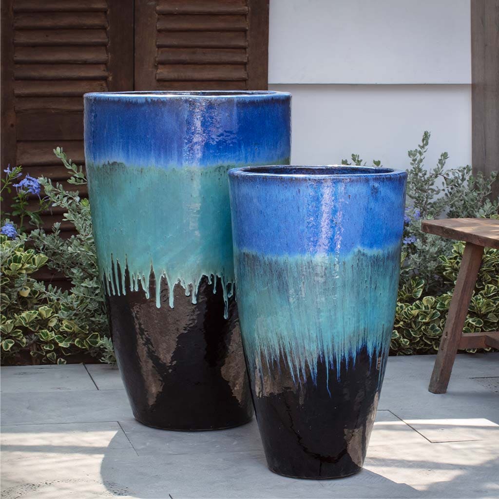 Campania International Havana Planter Set of 2 - Blue Brown Ceramic Flower Pots for Indoor Outdoor Garden Decor | Perfect for Patio, Balcony & Home Plant Display