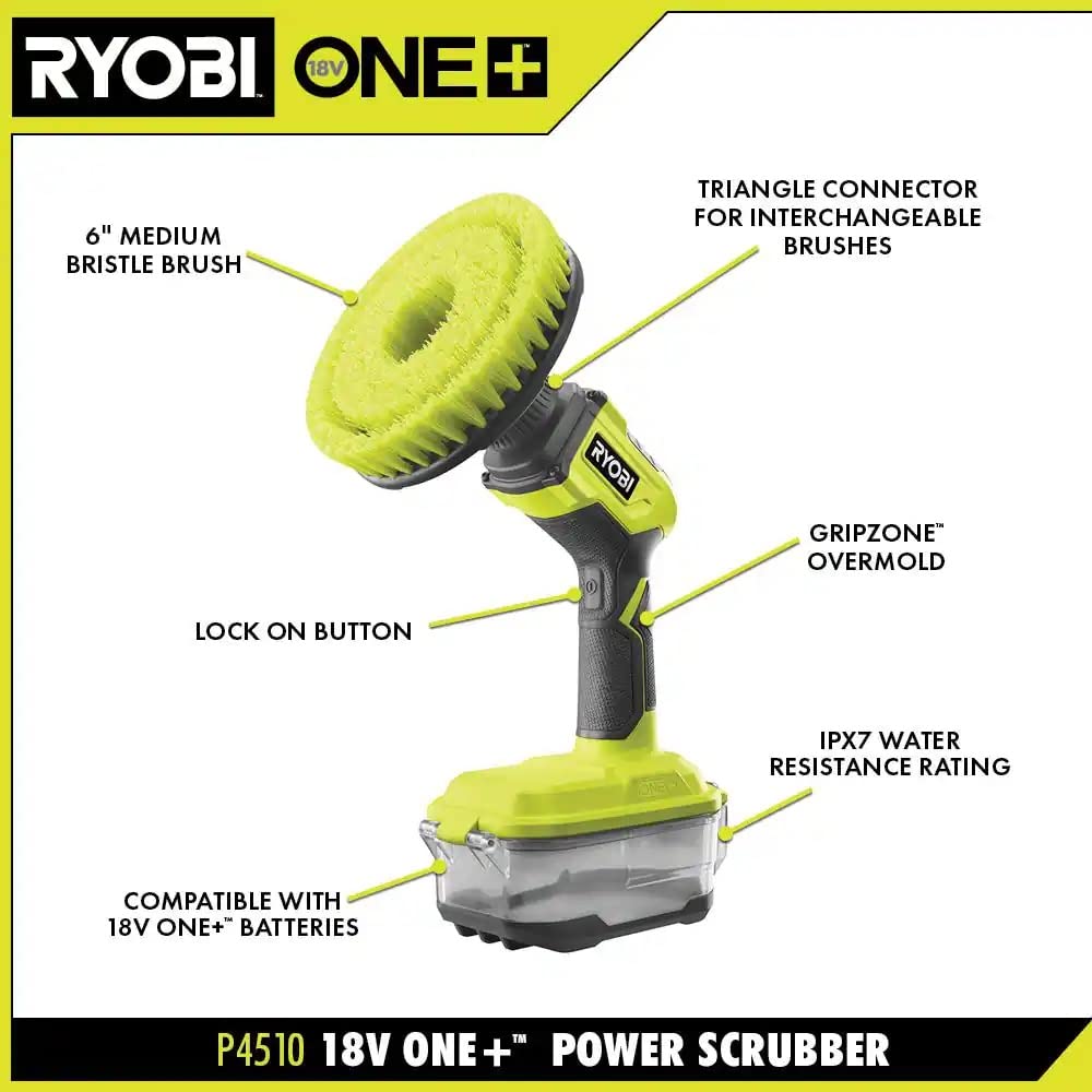 **ONE+ 18V Cordless Compact Power Scrubber Kit with 2.0 Ah Battery & Charger - Ideal for Deep Cleaning Tiles, Grout, Bathtubs, and Outdoor Surfaces**