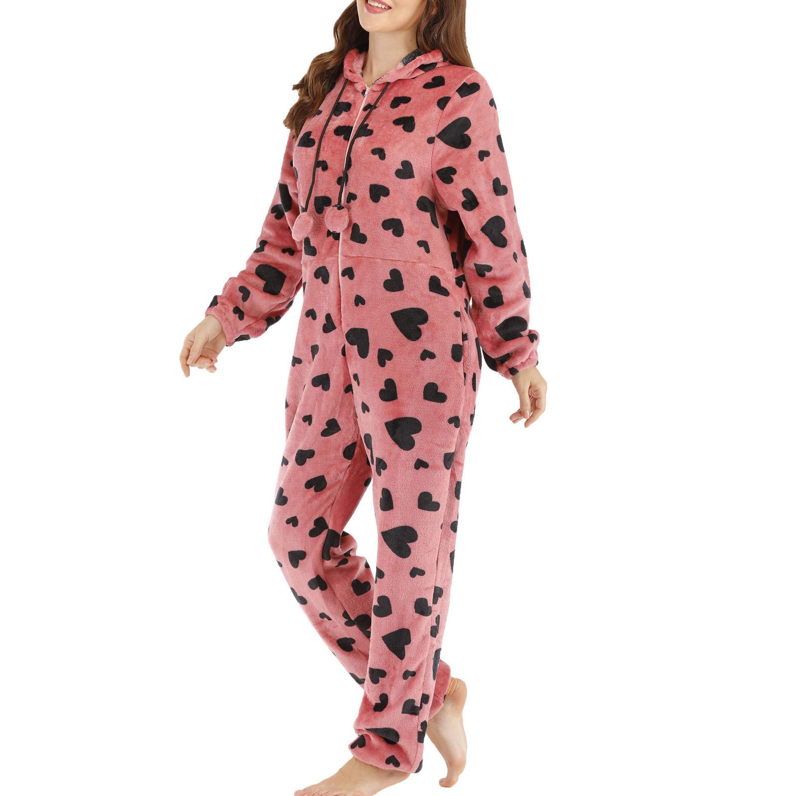 Red Printed Hooded Jumpsuit for Women - Long Sleeve Earless Wear with Zipper - Comfy Home & Lounge Wear for Casual Outings, Relaxing, and Travel
