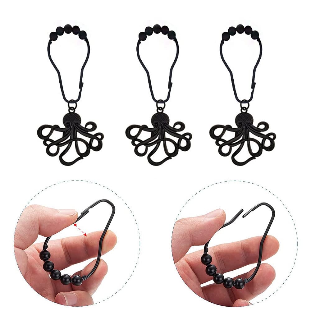 Rust-Proof Stainless Steel Octopus Shower Curtain Hooks - Set of 12 Black Nautical-Themed Bathroom Decor Accessories with Funny Sea Creature Design | Perfect for Coastal, Beach, or Ocean-Themed Bathrooms