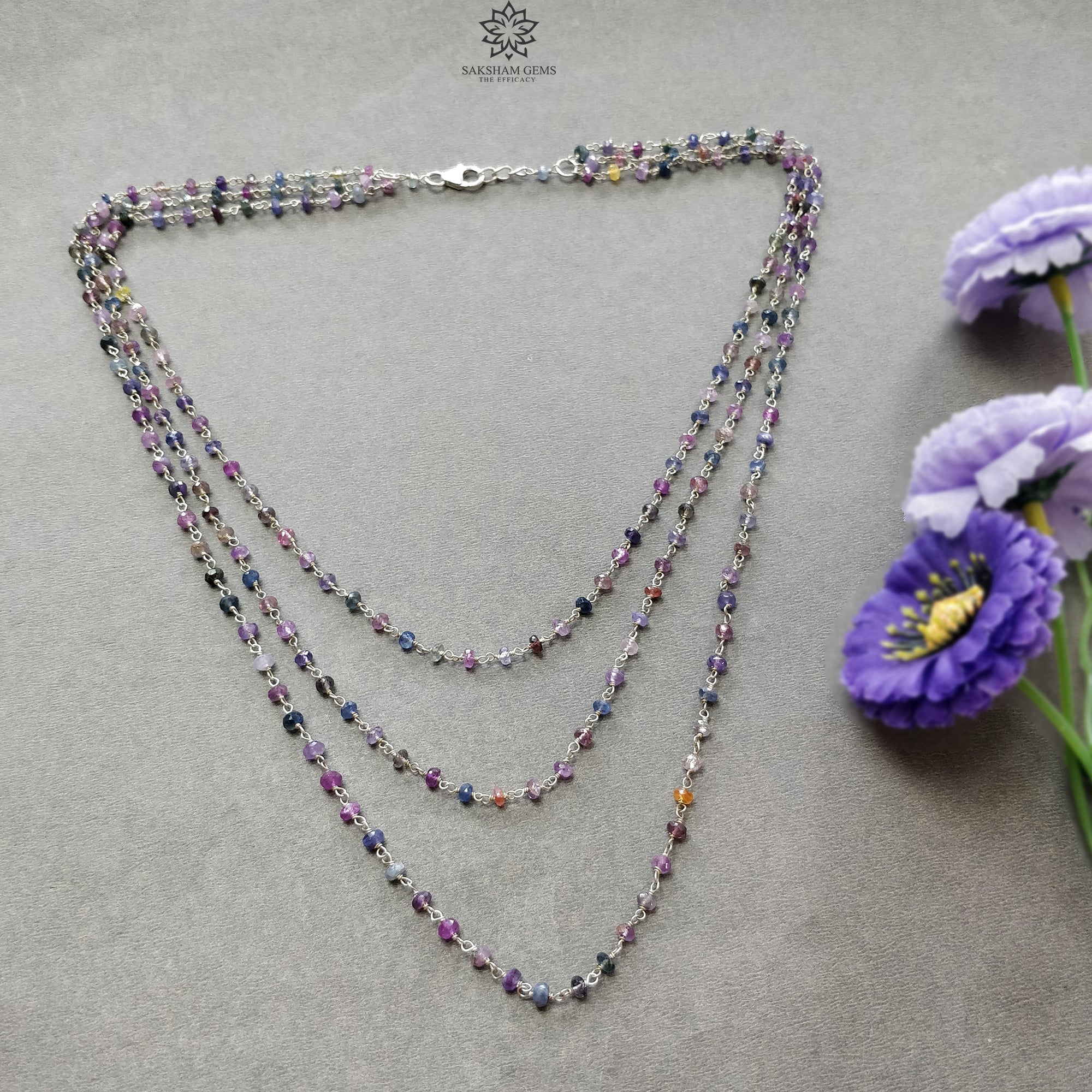 925 Sterling Silver Multi Sapphire Gemstone Beaded Necklace - 20.04gms Natural Faceted Sapphire 3-Step Beaded Necklace for Women | Perfect for Weddings, Parties & Special Occasions