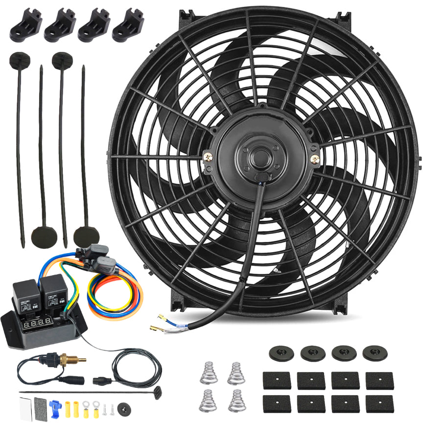 14-15 Inch 130W Electric Cooling Fan with Digital Adjustable Thermostat Temperature Control Switch Wiring Kit - Perfect for Car Radiator, PC Cooling & Home Appliance Repair