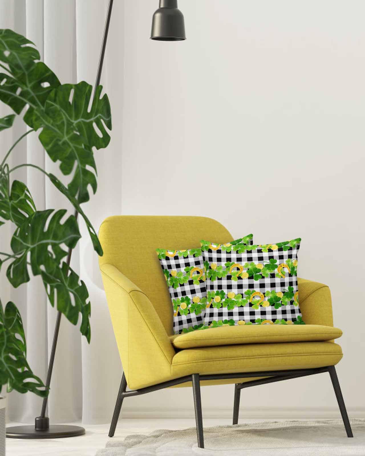 St. Patrick's Day Lucky Clover Pillow Covers 16x16 Inch Set of 2 - Rustic Linen Decorative Square Throw Pillow Covers with Buffalo Plaid Design - Perfect for Patio, Sofa, Couch & Bedroom Decor