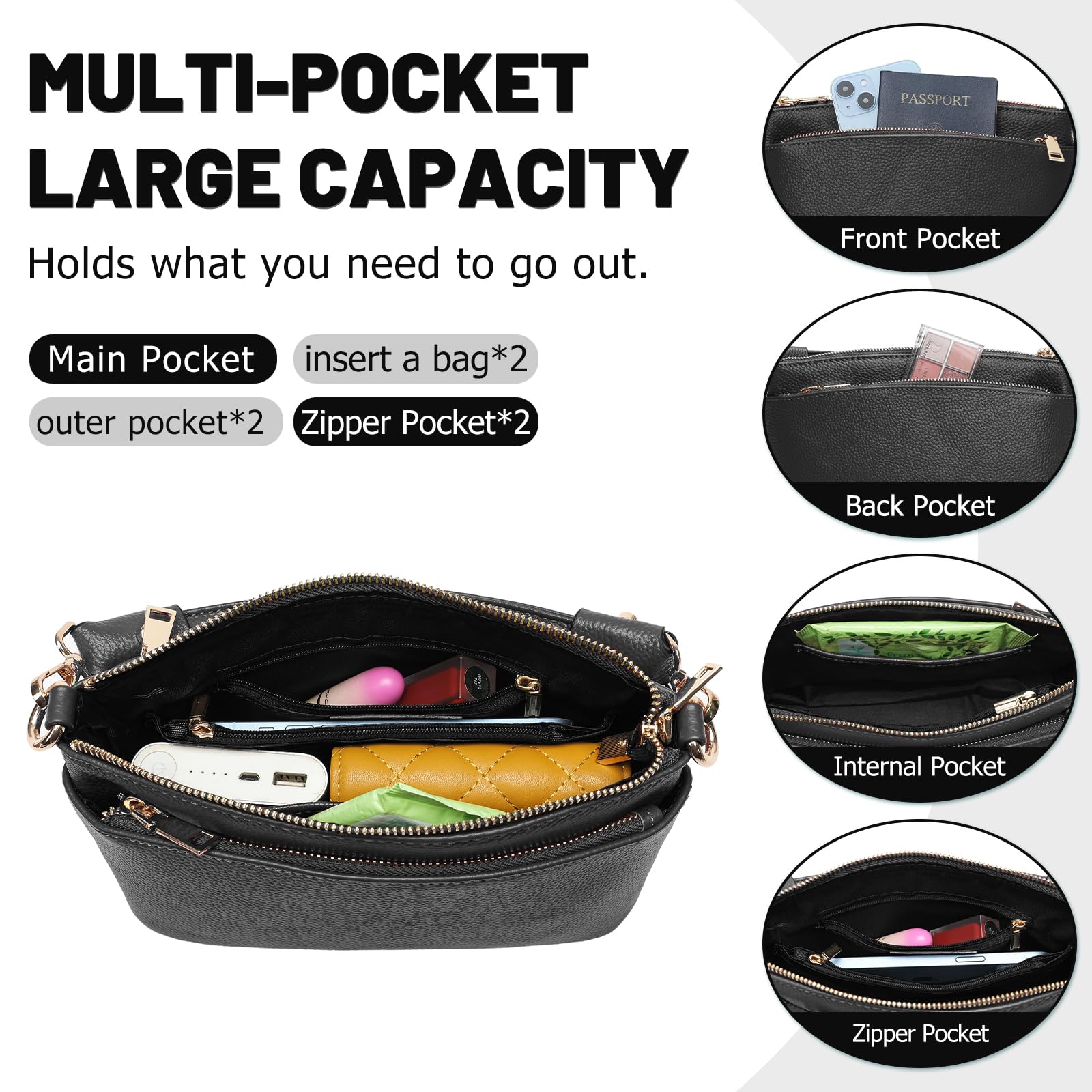 Women's Cow Leather Crossbody Bag with 3 Straps - Perfect for Daily Use & Travel