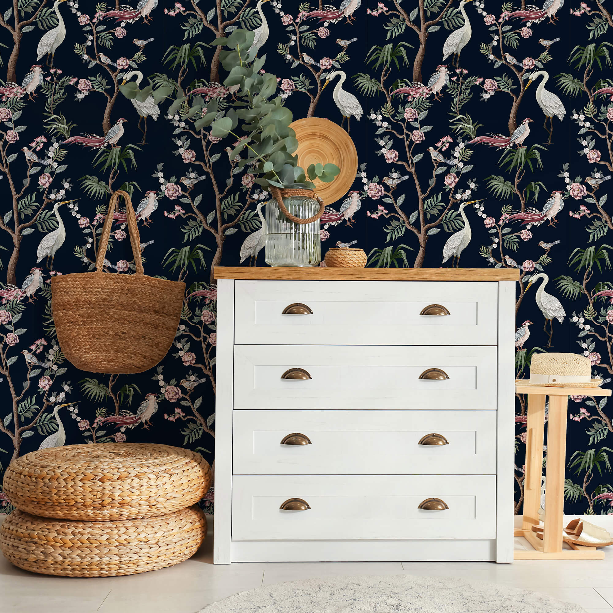 Blue and White Birds Peel and Stick Removable Wallpaper - Self-Adhesive Decorative Wall Mural for Bedroom, Nursery, Living Room, Office - Easy to Install & Remove - Pattern 7002
