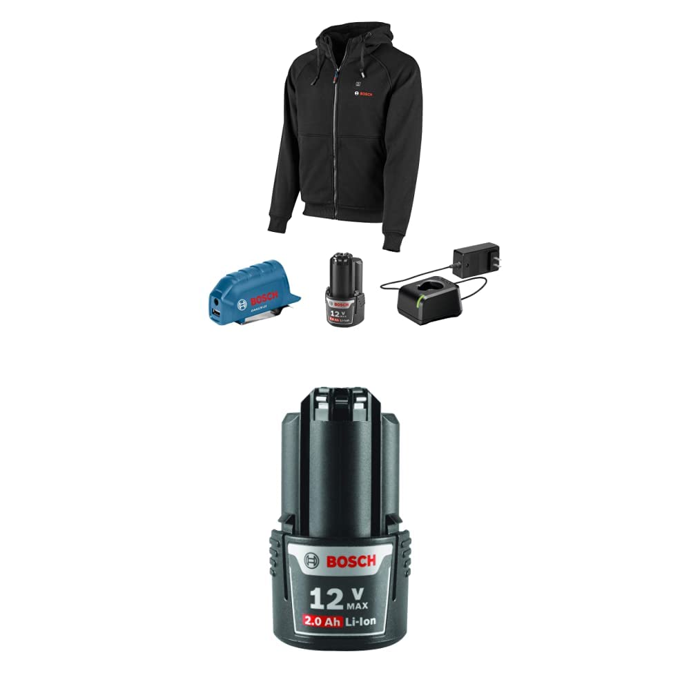 BOSCH GHH12V-20SN12 12V Max Heated Hoodie Kit with BAT414 12V Lithium-Ion 2.0Ah Battery - Winter Workwear for Construction, Outdoor Jobs & Cold Weather Activities