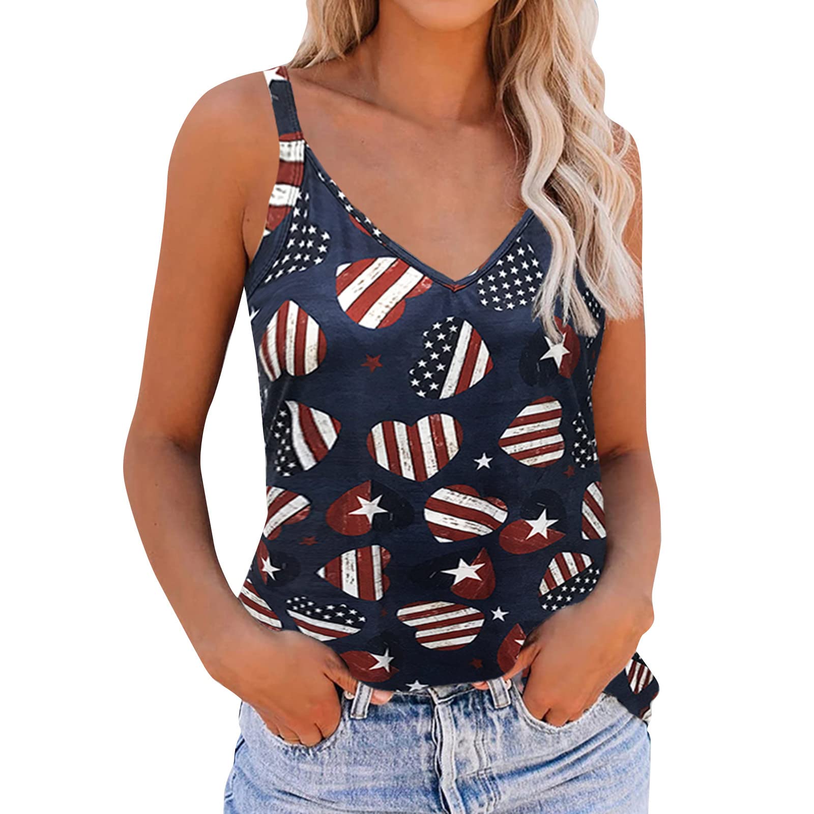 Women's Sleeveless Low-Cut Workout Tops - 4th of July Printed Athletic Shirts for Running, Yoga & Gym | Breathable Casual Babydoll Tees for Summer Fitness & Independence Day Celebrations