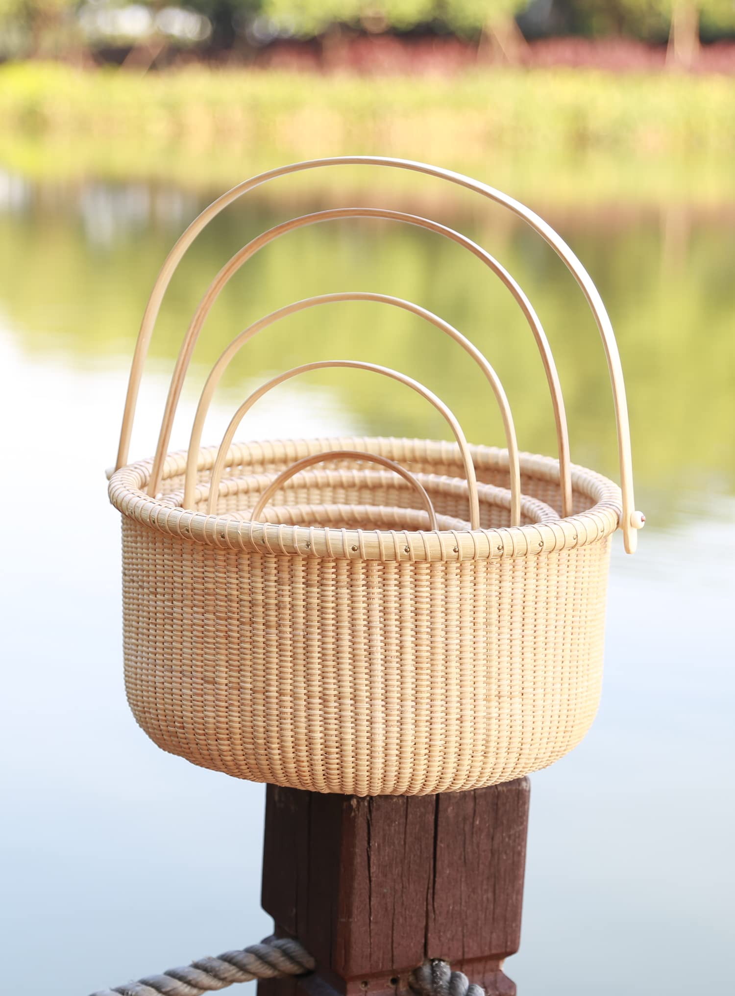Classic Nantucket Round Woven Rattan Basket with Wood Knob Handles - Storage Organizer for Fruits, Toys & Home Decor | Handwoven Tote Cube Container for Kitchen, Bathroom & Nursery Organization