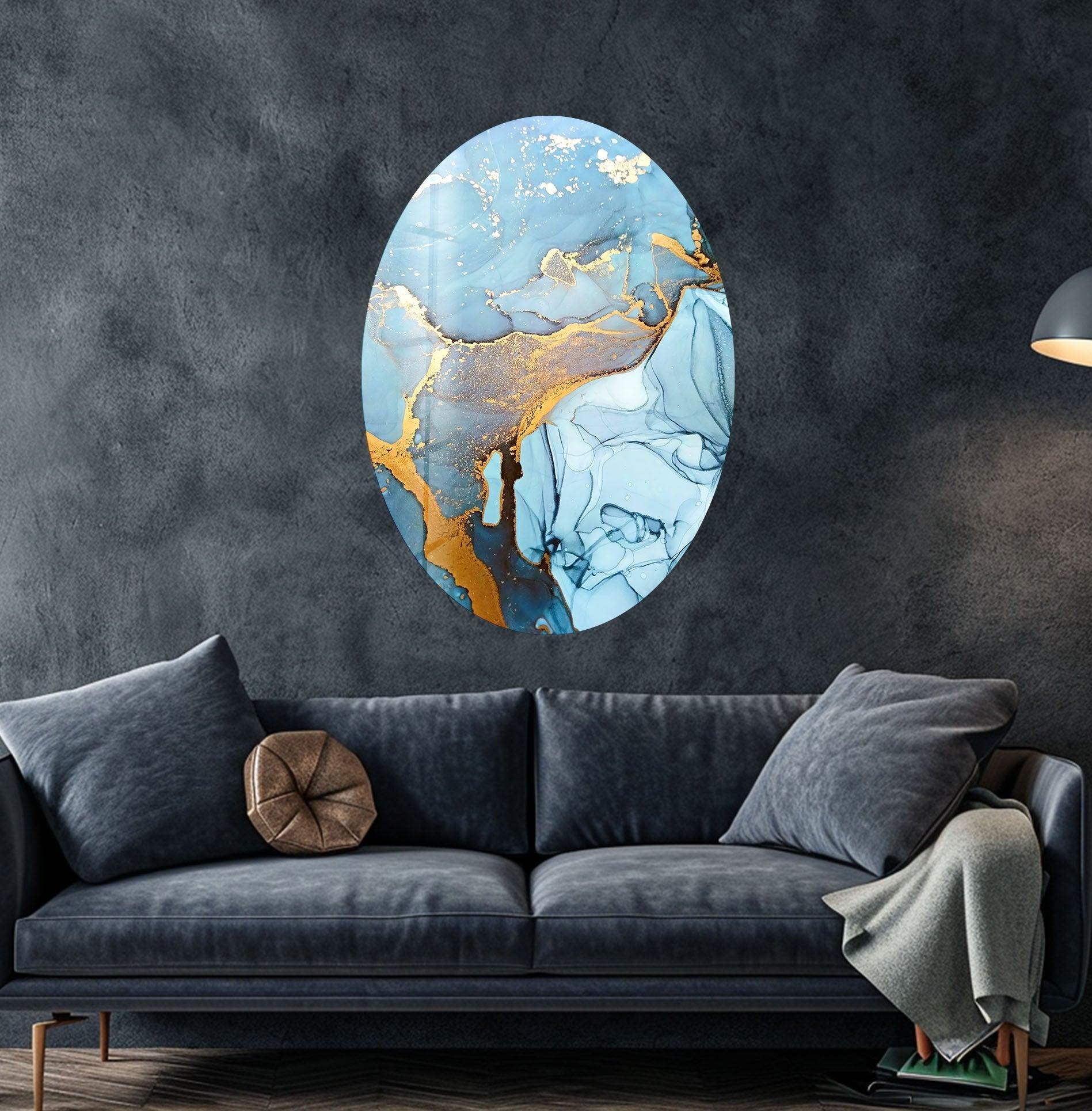 Abstract Blue Marble Glass Wall Art - Asymmetric Oval Design for Modern Home & Office Decor | Handmade Glass Artwork for Living Room, Bedroom, or Entryway