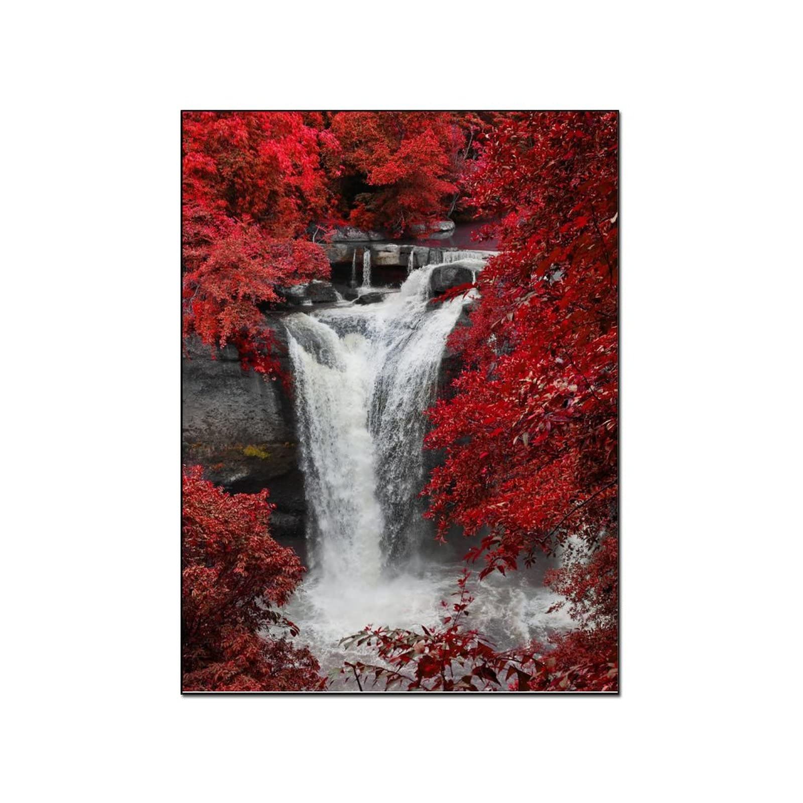 Red Waterfall Forest Landscape Canvas Wall Art - Vertical Framed Print for Living Room & Bedroom Decor - 24x32 Inch (60x80cm) - Perfect for Modern Home, Office & Gift Giving