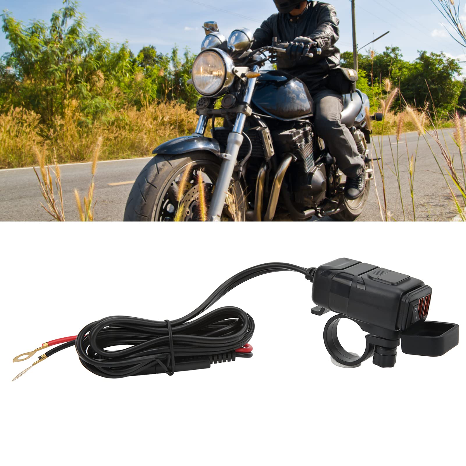 Motorcycle Dual USB SAE to USB Adapter with Cover Switch - Fast Charging & Built-in Voltmeter for Phone & Tablet - Perfect for Road Trips & Motorcycle Accessories