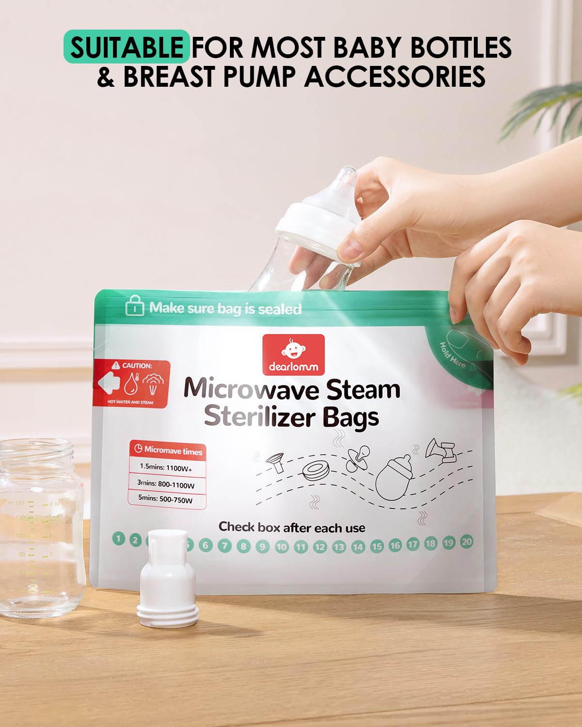 Dearlomum Reusable Microwave Steam Sterilizer Bags - 8 Pack (20 Uses Each) for Baby Bottles, Pacifiers & Breast Pump Parts | Travel-Friendly Baby Bottle Sterilizer Pouches | Perfect for Daycare, Travel & Quick Home Sterilization