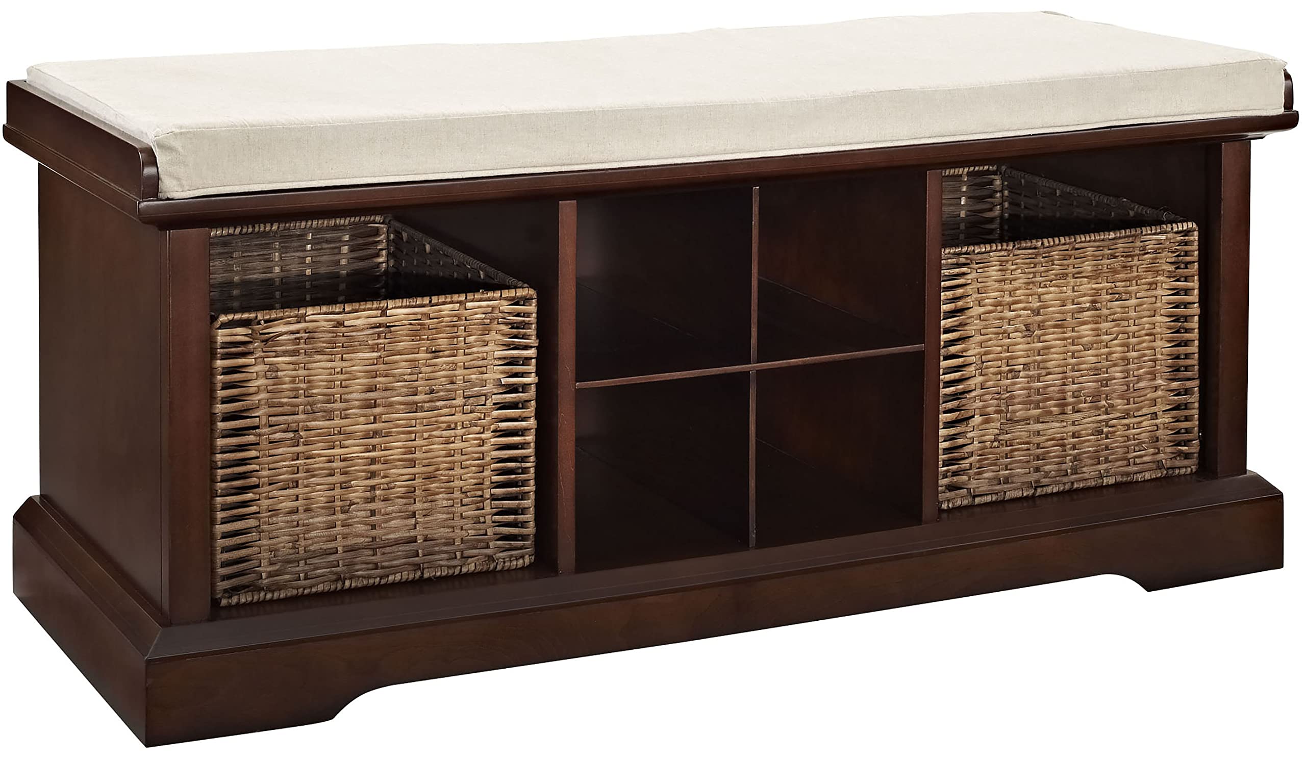 Vintage Mahogany Entryway Storage Bench with Wicker Baskets & Cushion - Crosley Furniture Brennan Hall Tree Bench for Entryway, Living Room & Bedroom Organization