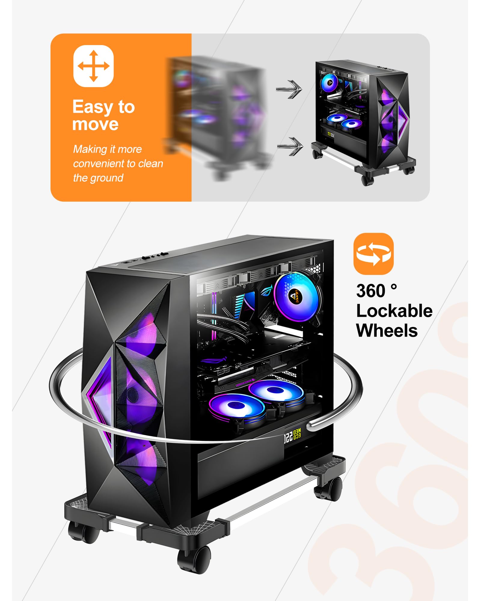 Adjustable CPU Stand for PC with Wheels and Brakes - Removable Computer Case Holder for Desktop - Black - Perfect for Office, Gaming, and Home Workspace Organization