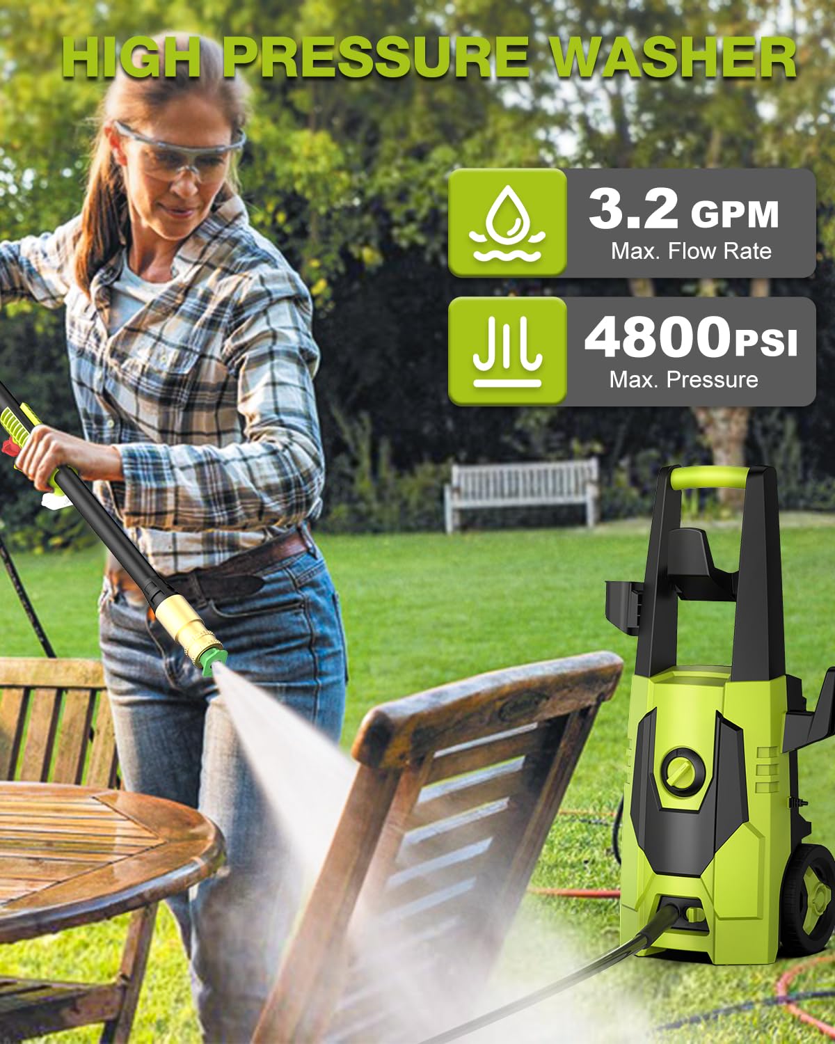 AgiiMan 4800PSI Electric Pressure Washer - 3.2 GPM High Power Washer with 35FT Cord & 20FT Hose, Soap Tank - Ideal for Car Washing, Driveway Cleaning, Patio, Deck, Fence, and Outdoor Surface Cleaning