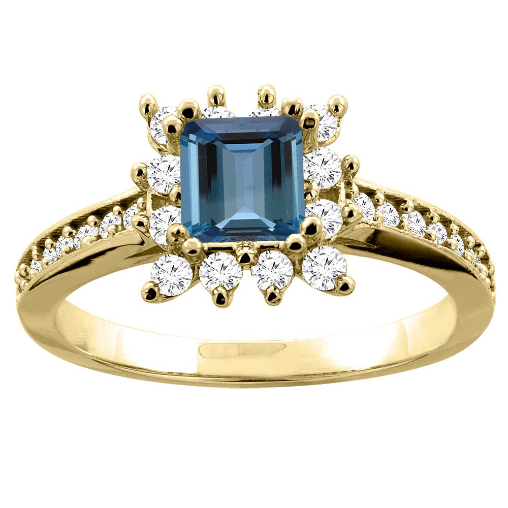 10K White Gold Natural London Blue Topaz Engagement Ring with Diamond Accents - 5mm Square Cut, Size 5-10 | Perfect for Wedding, Proposal, Anniversary & Special Occasions