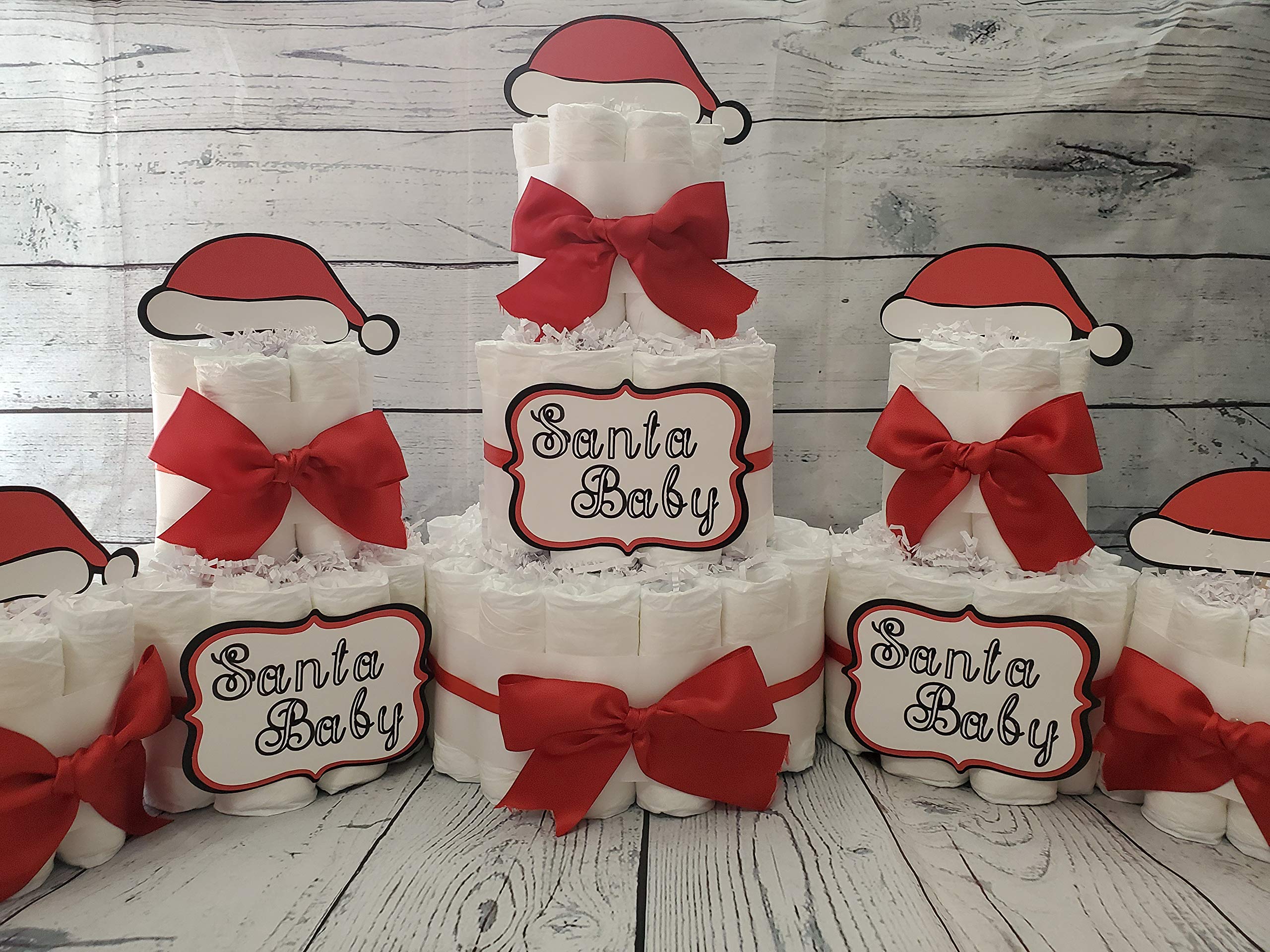 Santa Baby Christmas Theme Diaper Cake 5-Piece Set - 3-Tier Baby Shower Gift (Red/Gold or White) - Perfect for Holiday Baby Showers, Christmas Gifts & Newborn Celebrations