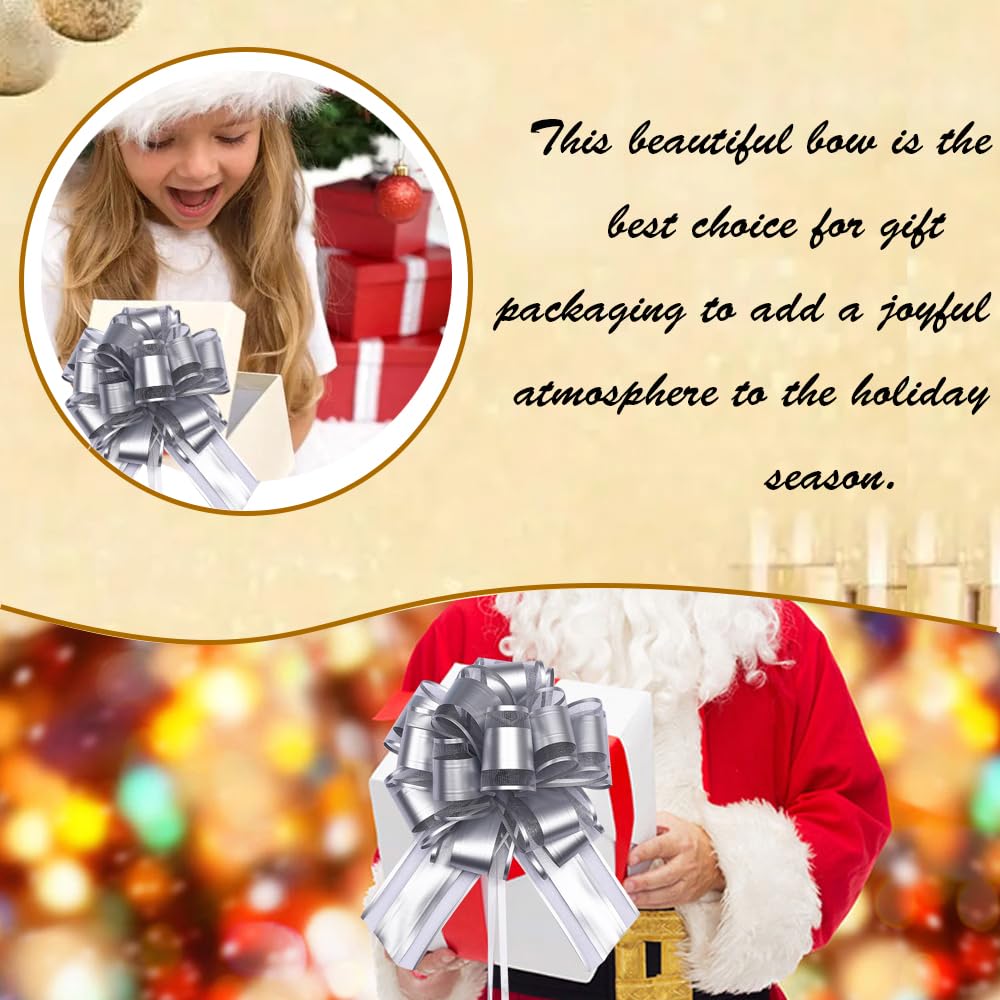 6pcs Silver Pull Bows for Gift Wrapping - Wedding, Christmas, Party Decor