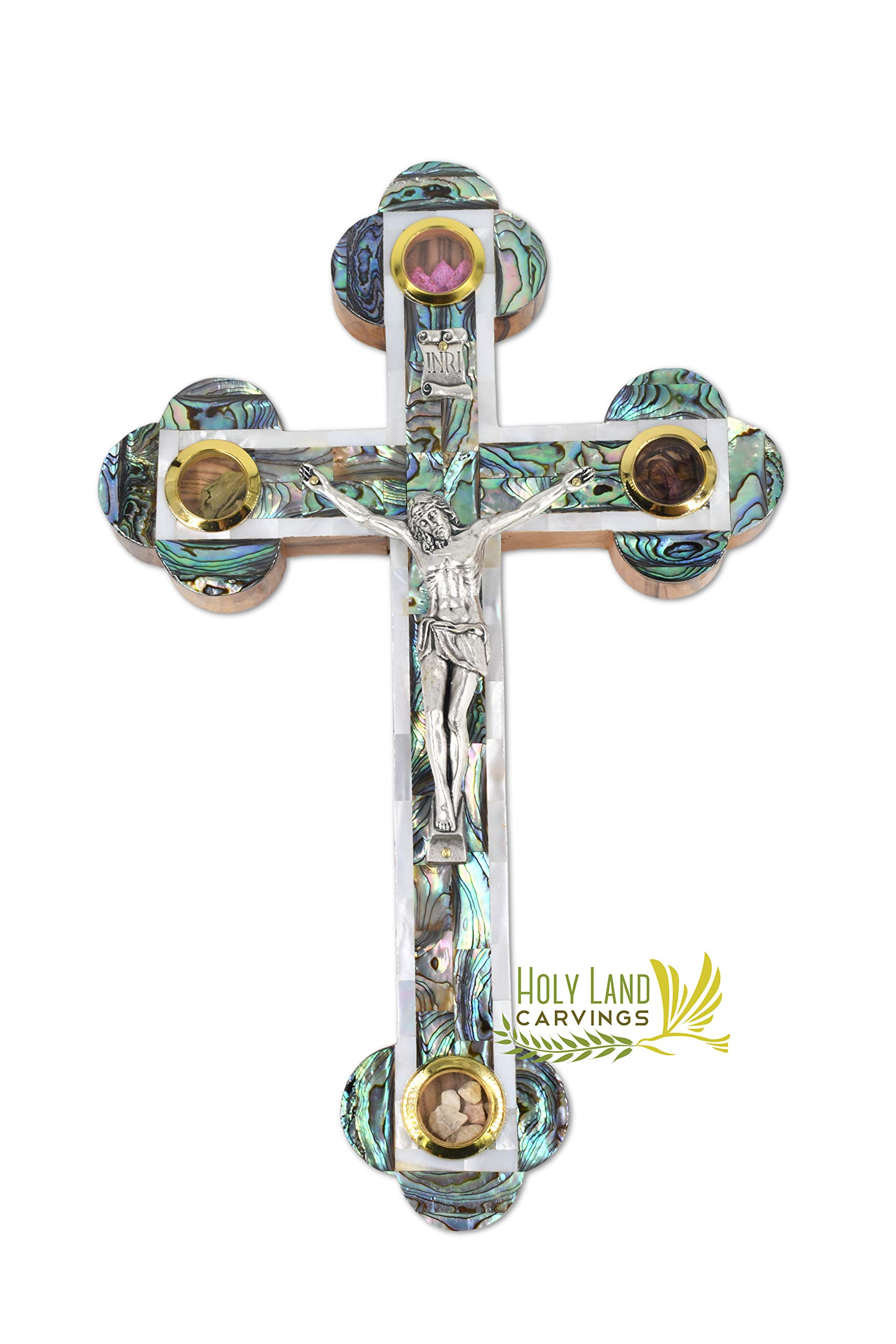11 Inch Olive Wood Cross Wall Crucifix with Mother of Pearl Inlay - Handcrafted in The Holy Land - Includes 4 Glass Vials with Holy Relics, Incense, Flowers, Stones & Olive Leaf - Unique Easter Gift for Home Decor & Religious Devotion (11x7 Inches)