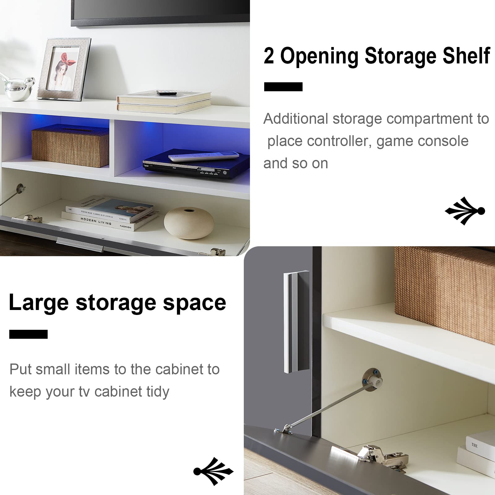 Modern TV Stand with LED Lights & Storage - High Gloss Entertainment Cabinet for 60-70 Inch TVs - Quick 30 Min Assembly - White & Gray TV Console - Perfect for Living Room, Bedroom & Home Theater Setup
