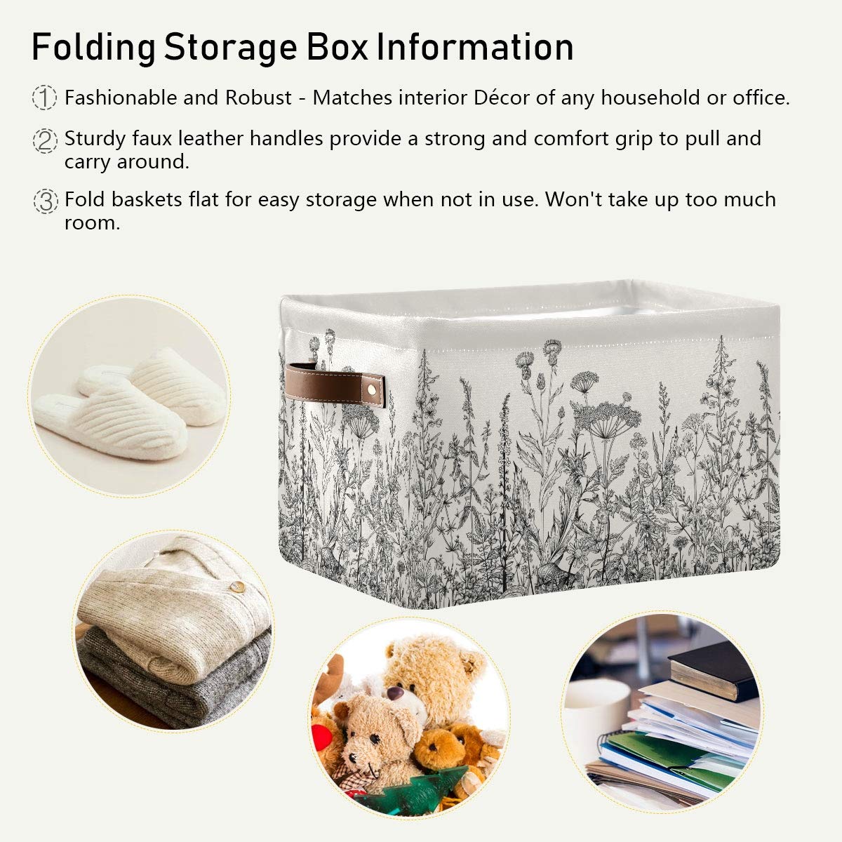 Black White Flower Storage Baskets - Collapsible Fabric Bin for Home Decor & Organizing