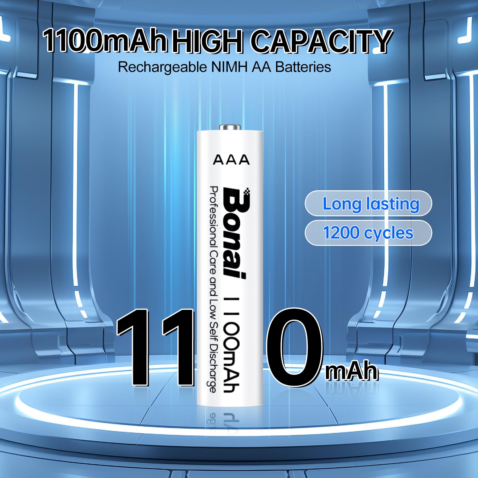 BONAI 16 Pack AAA Rechargeable Batteries 1100mAh with 16 Bay Charger - High Capacity Round Design for Toys, Cameras, Flashlights & Electronics - USB Rechargeable AAA Batteries with Fast Charging