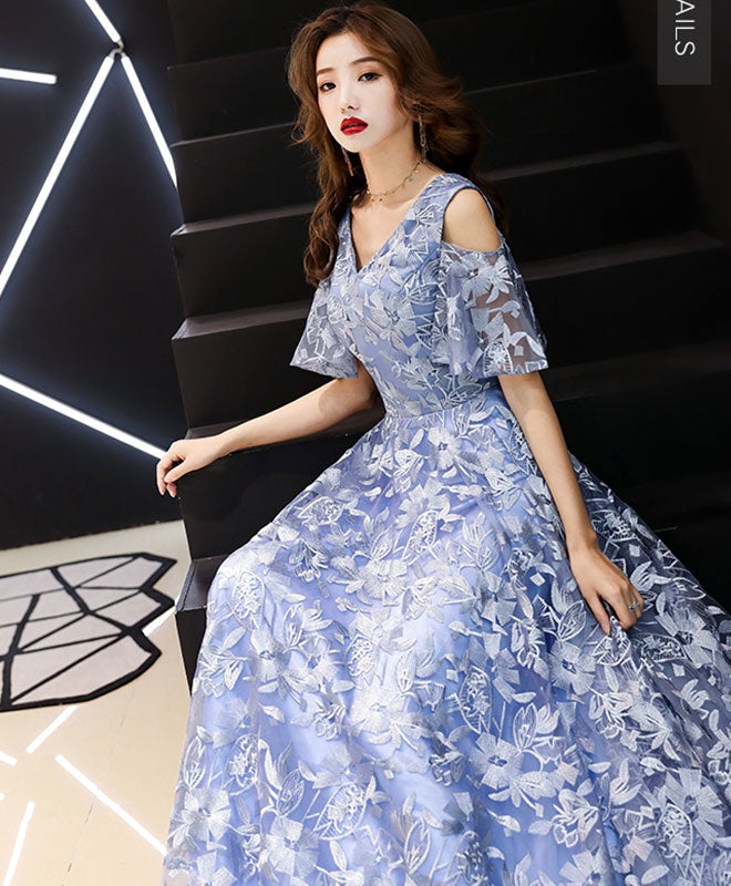 Elegant Blue V-Neck Lace Long Prom Dress for Women - Formal Evening Gown for Homecoming, Ball, Wedding & Special Occasions