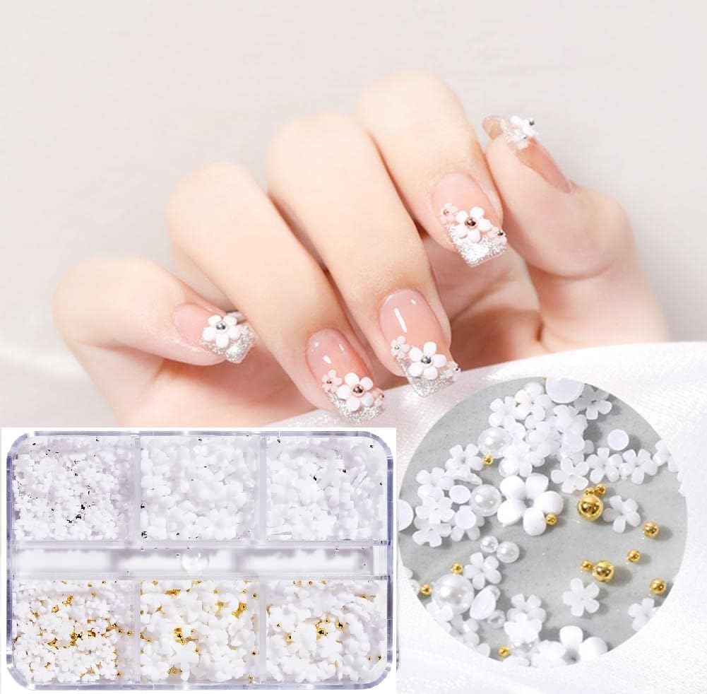 GOODIEBOX 6 Grid 3D Floral Acrylic Nails - Gold Silver Glitter Flower Charms with Nail Ball Beads & Resin Flowers for Nail Art Decoration, DIY Crafting, Bridal & Party Manicure Designs