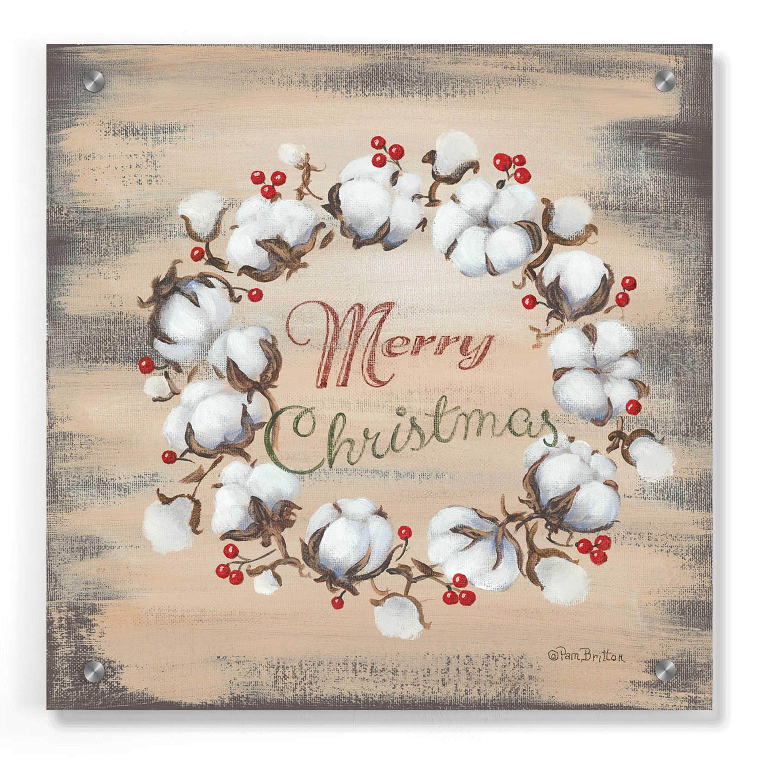 Pam Britton Cotton Wreath Holiday Acrylic Glass Wall Art - 36x36 Inch Modern Home Decor for Living Room, Bedroom & Office